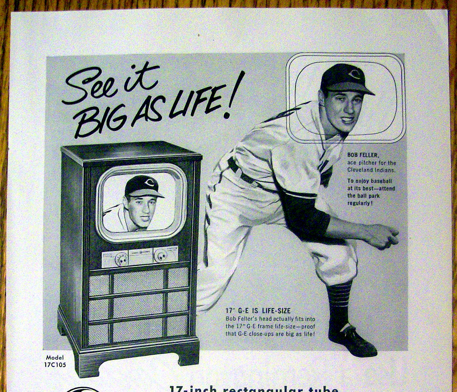 1951 G E Black Daylite Television w/Baseball Bob Feller