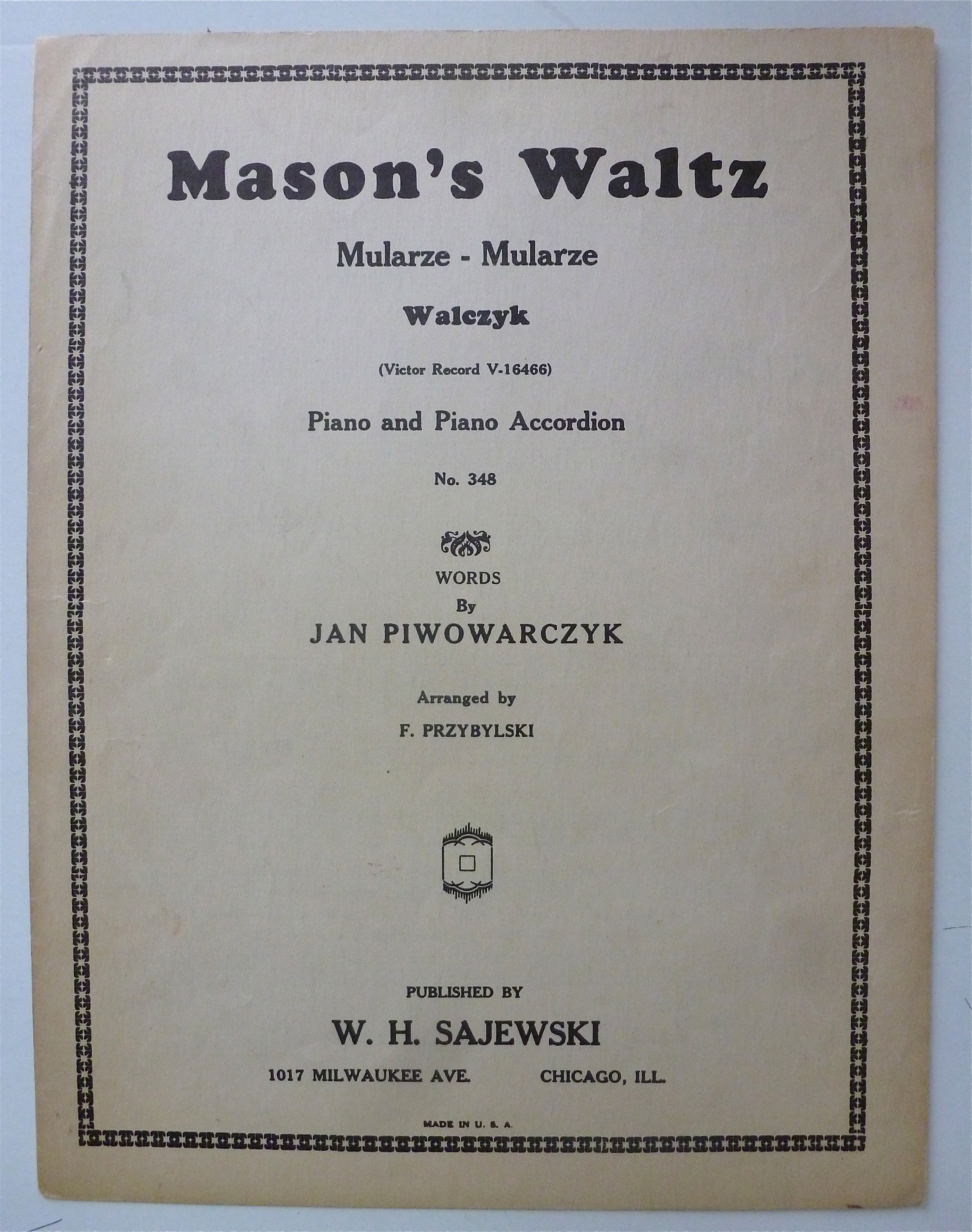 Sheet Music For 1939 Mason's Waltz