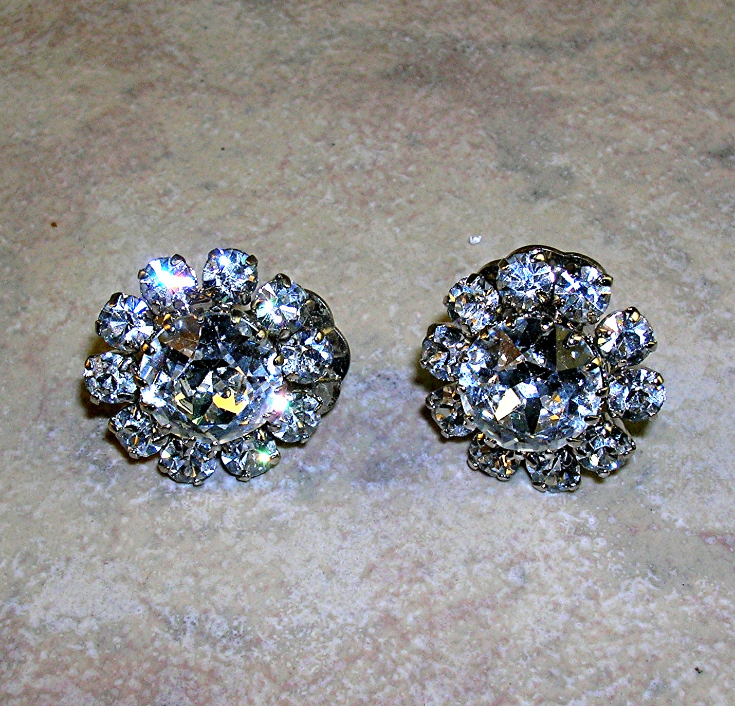 Austrian Crystal Rodium Silver Flower Clip Earrings