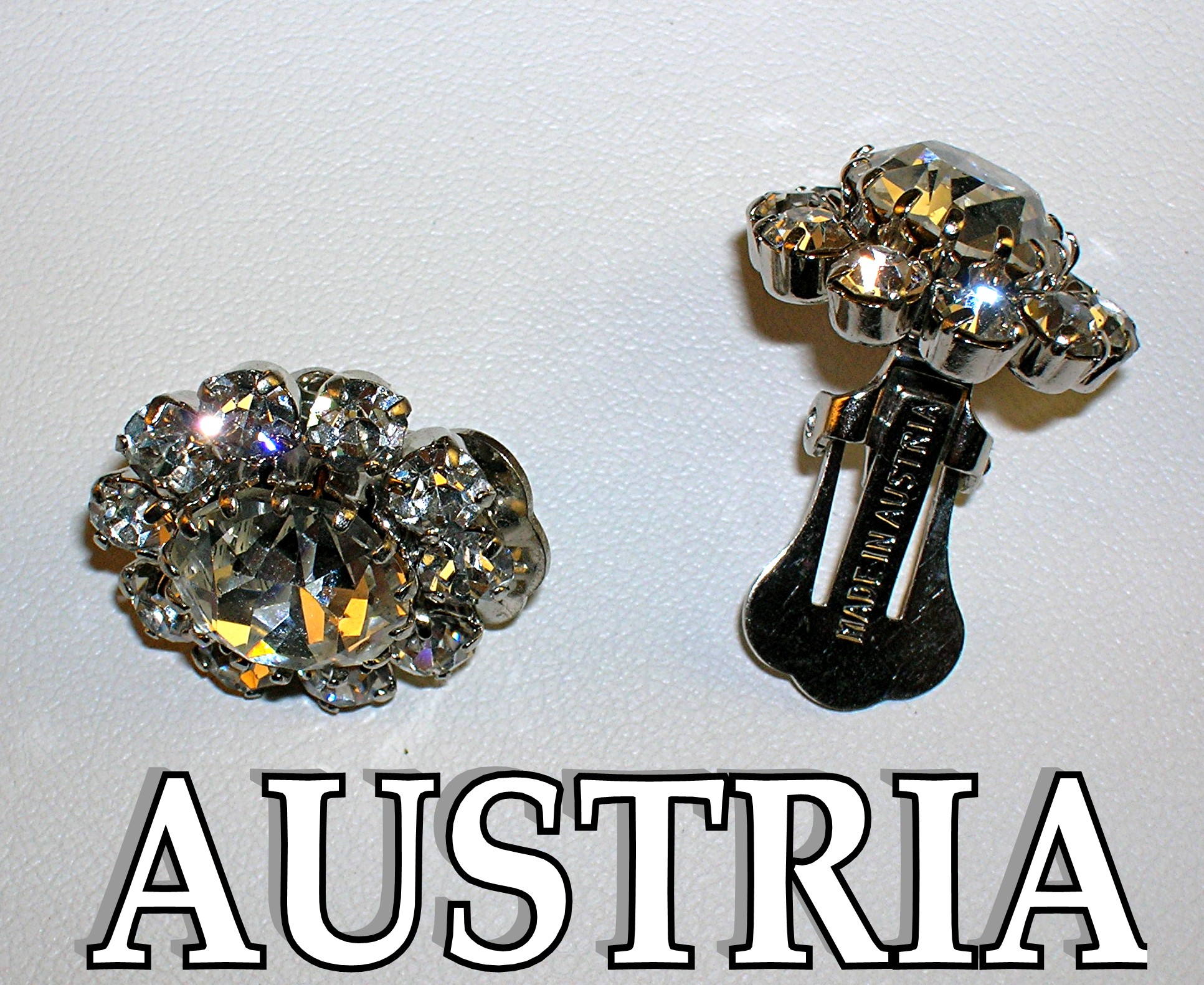 Austrian Crystal Rodium Silver Flower Clip Earrings