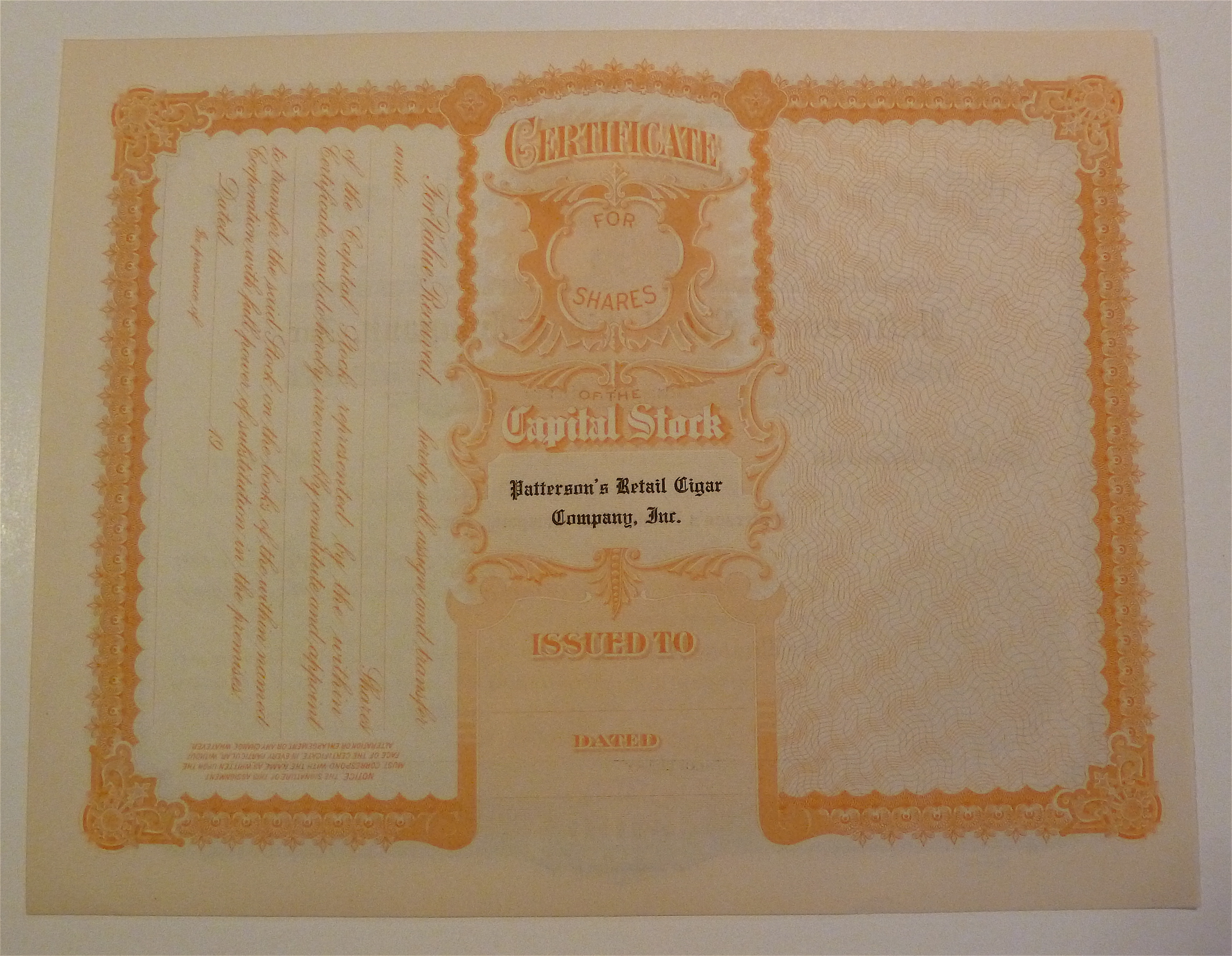 Patterson's Retail Cigar Company Inc. Stock Certificate