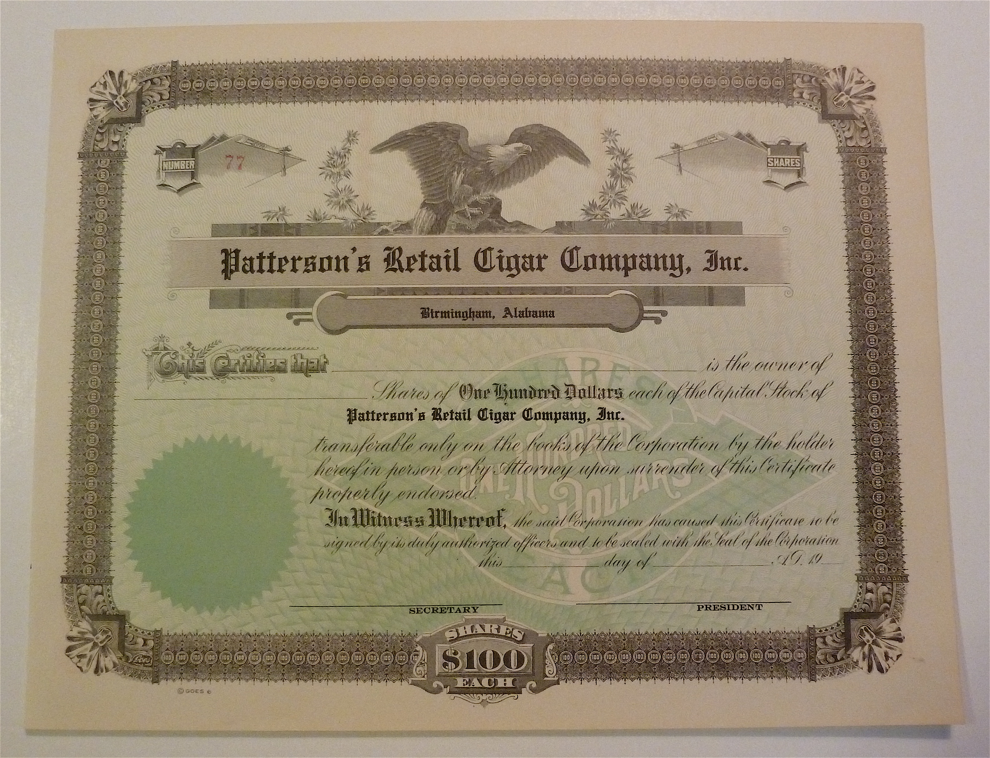 Patterson's Retail Cigar Company Inc. Stock Certificate