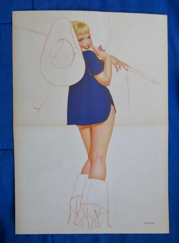 Original 1946 Sexy Pin Up Girl Wearing A Blue Shirt With A Cowboy Hat & Wearing Boots By George Petty
