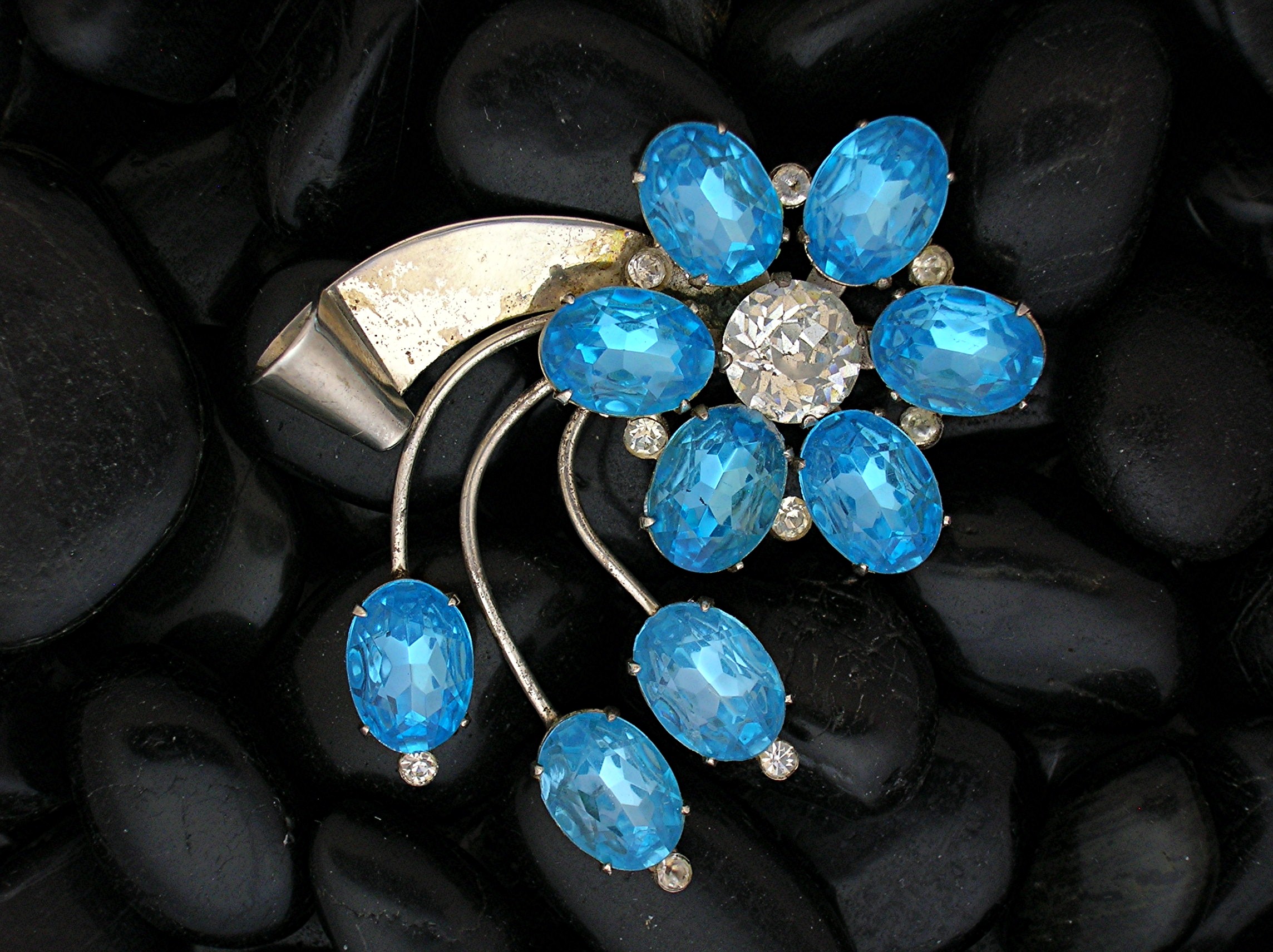 CORO Sterling Silver Light  Blue  Spray Brooch Pin