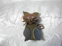 Copper Silver  Goldtone Rhinestone Cat Brooch