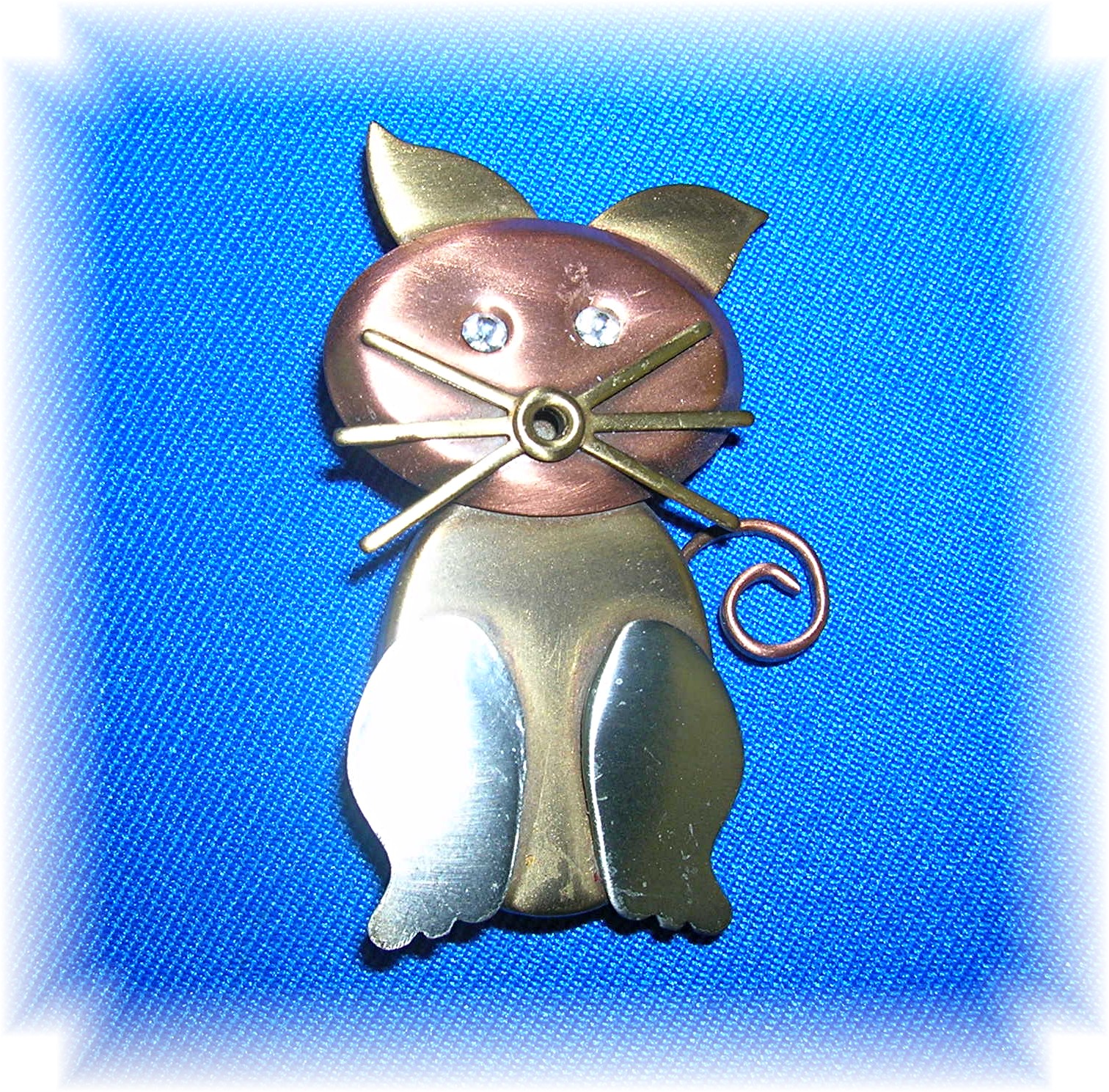Copper Silver  Goldtone Rhinestone Cat Brooch