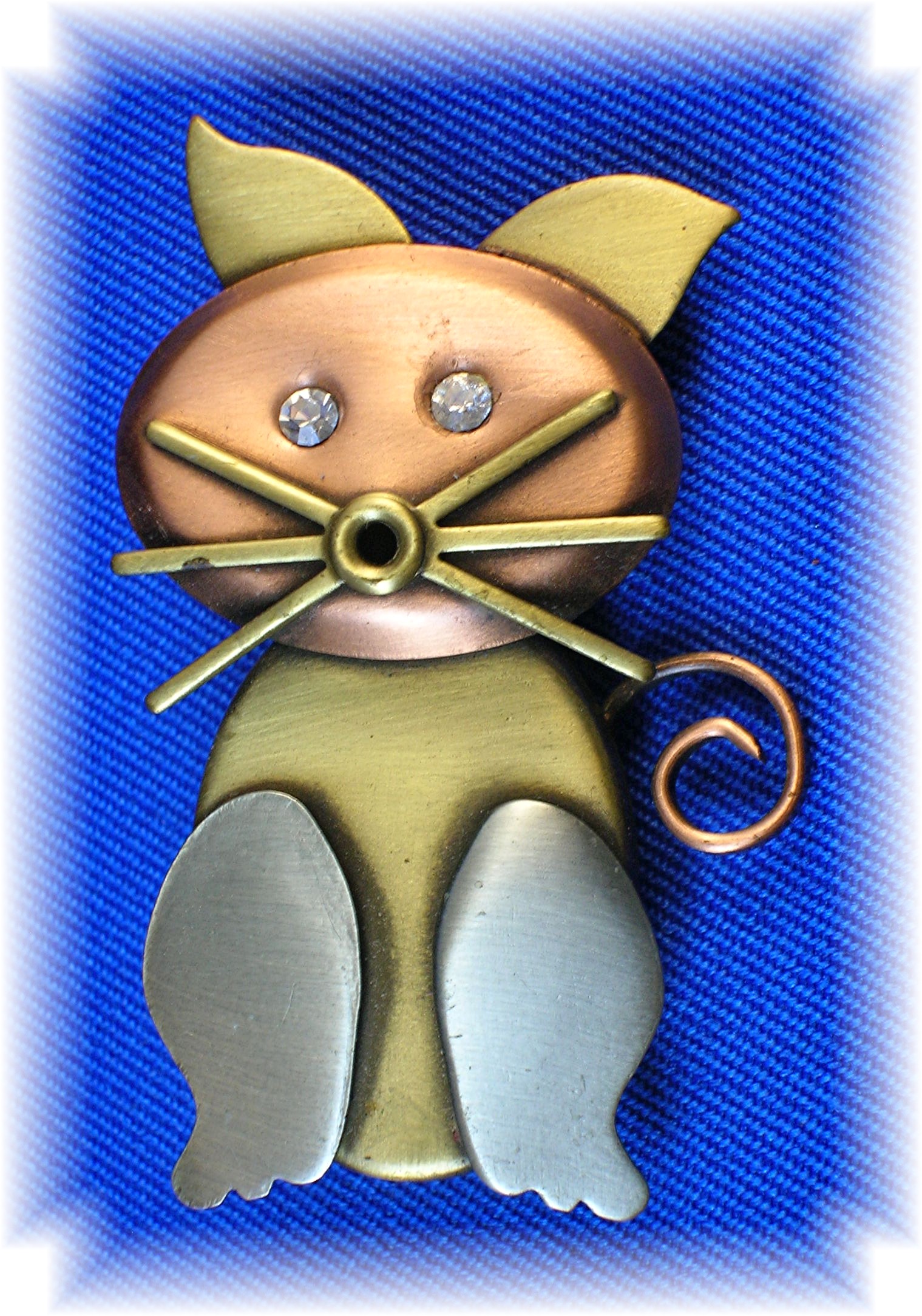 Copper Silver  Goldtone Rhinestone Cat Brooch