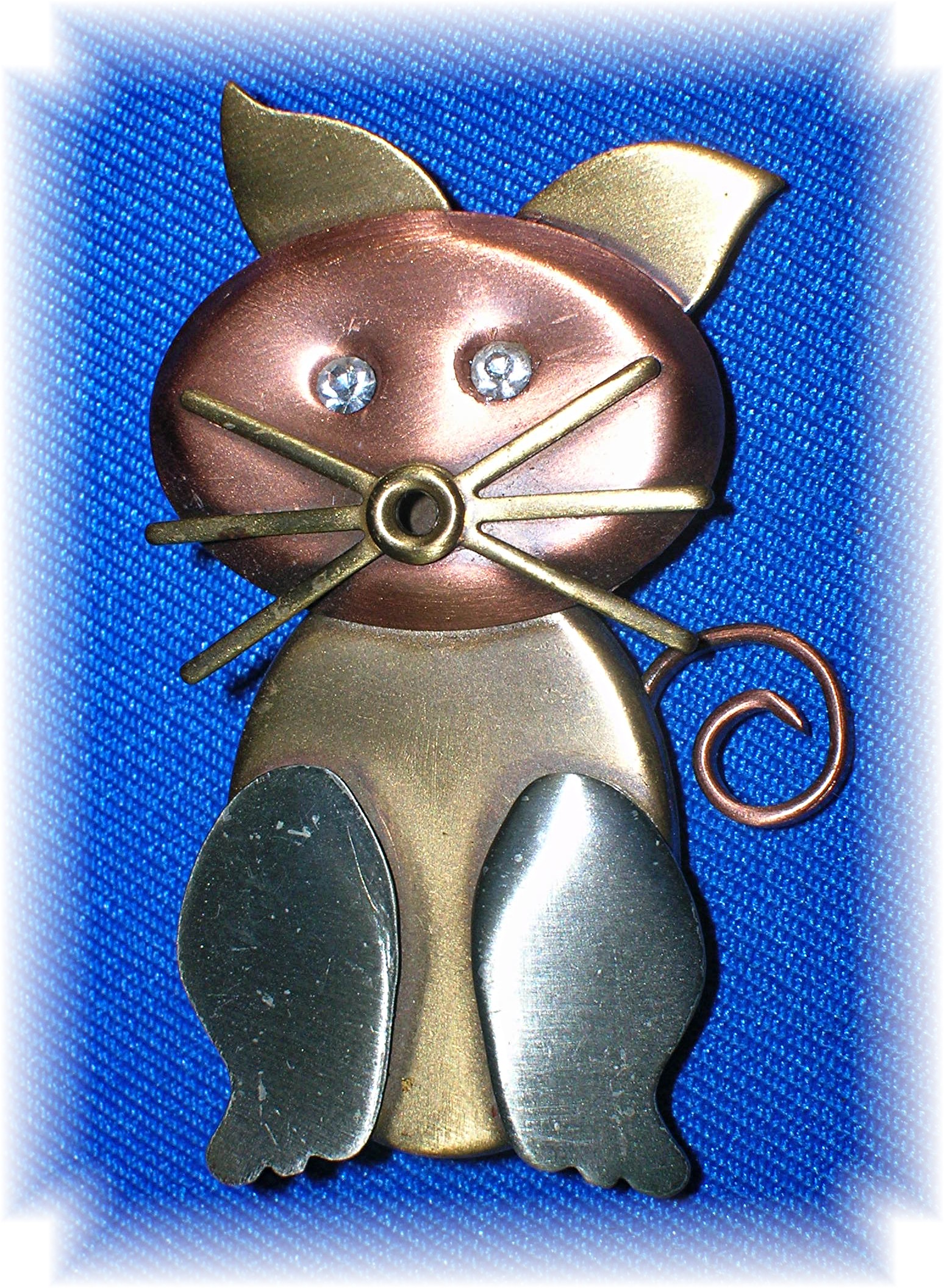 Copper Silver  Goldtone Rhinestone Cat Brooch