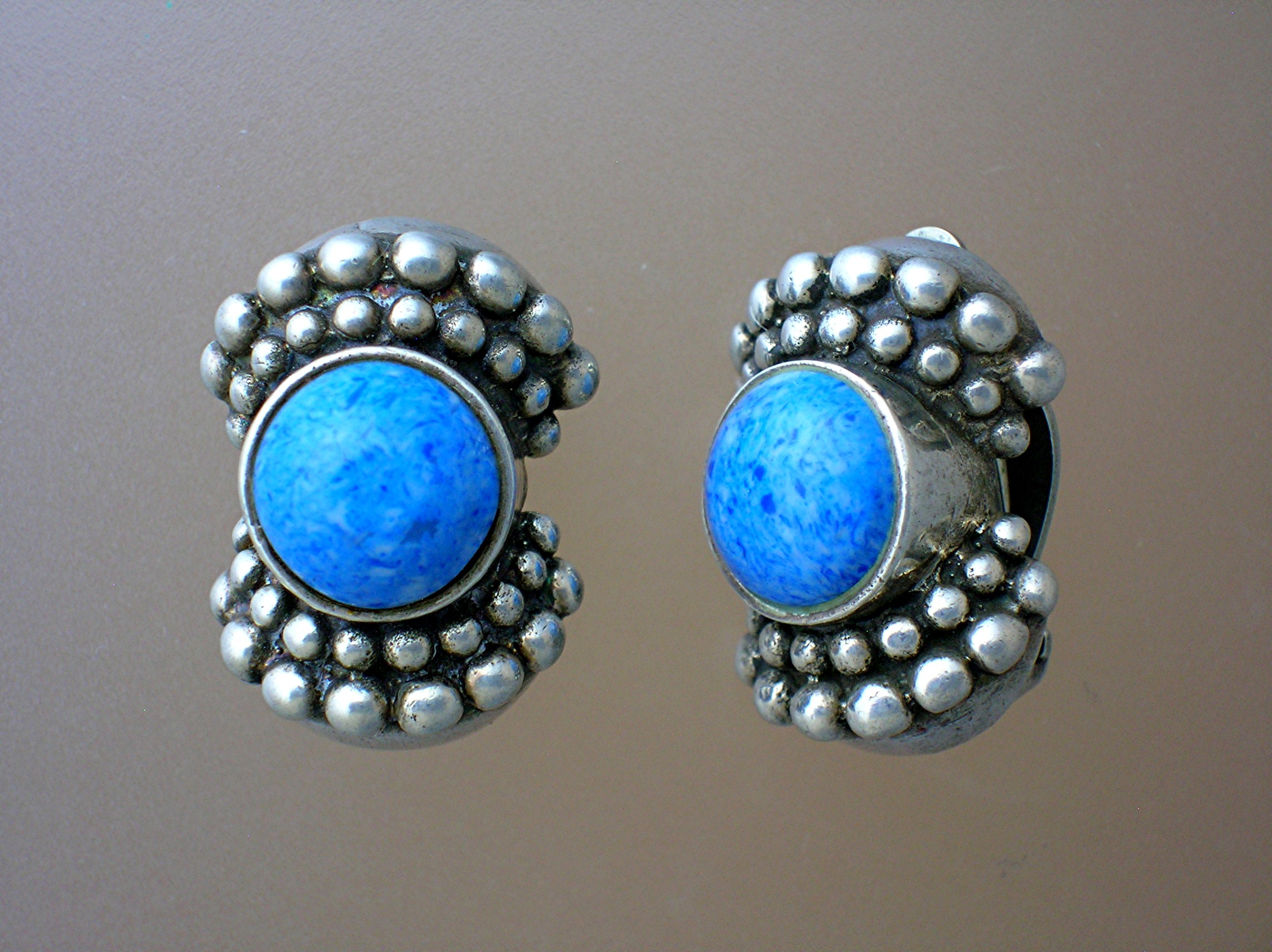Sterling Silver & Turquoise Glass Clip Earrings