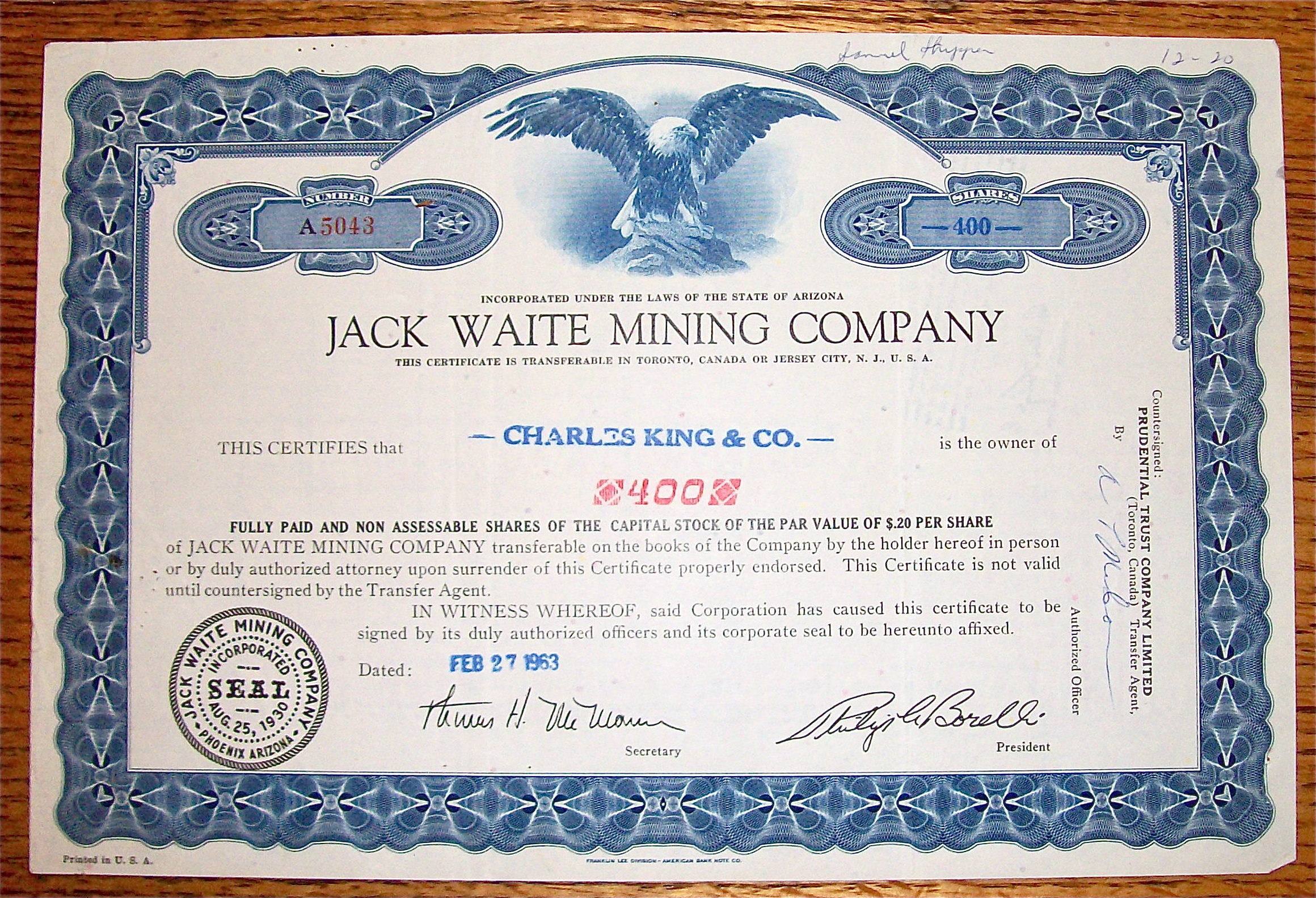 1963 Jack Waite Mining Company Stock Certificate