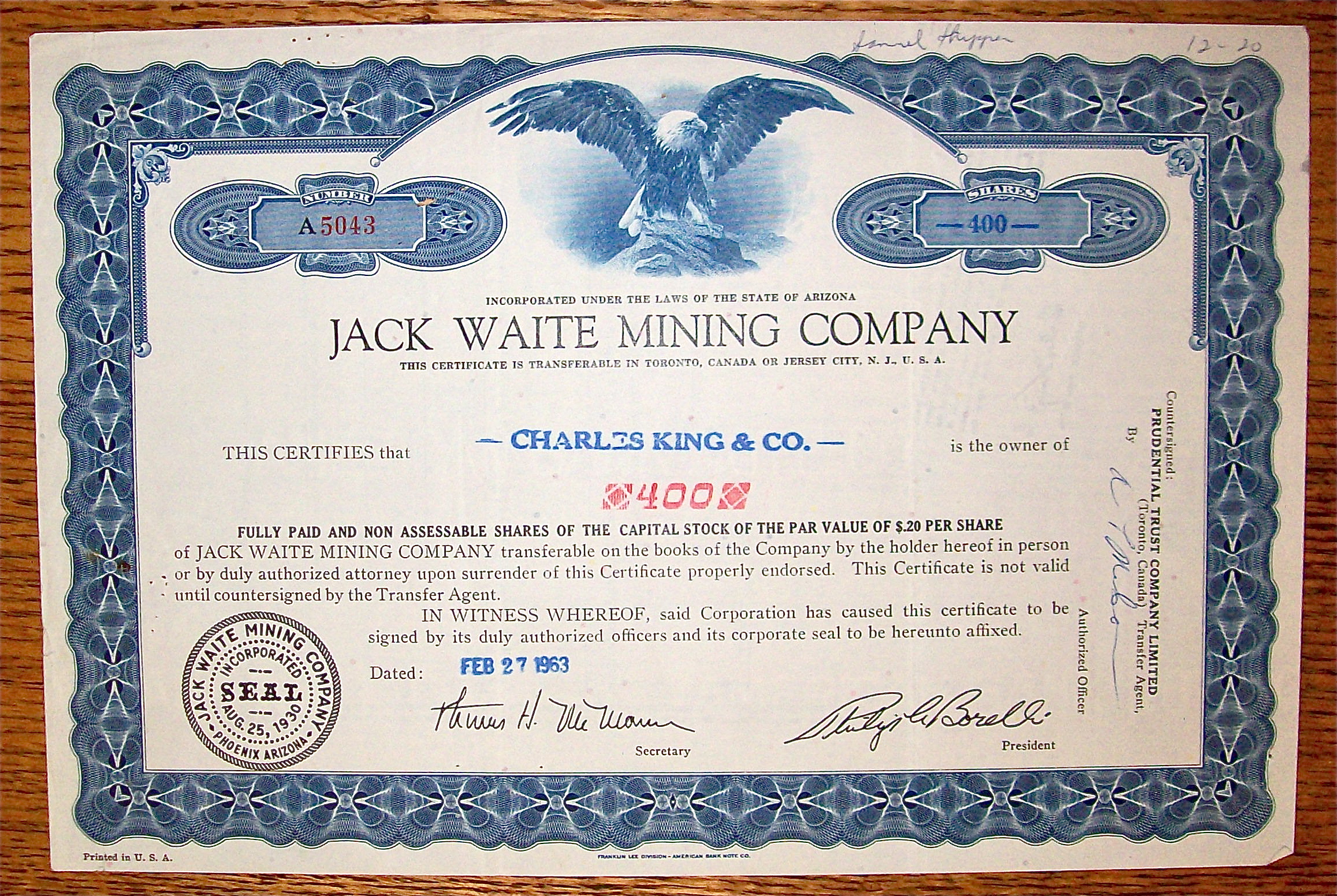 1963 Jack Waite Mining Company Stock Certificate