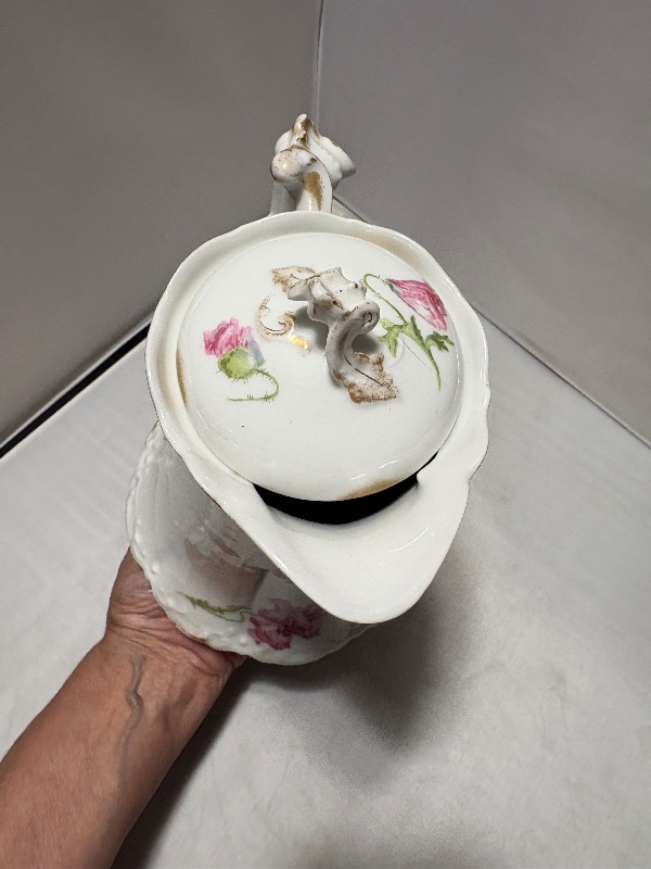Hot Chocolate Pot Limoges France Pink Poppy Flower Detail with Gold Trim