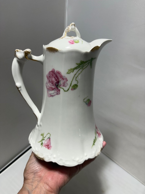 Hot Chocolate Pot Limoges France Pink Poppy Flower Detail with Gold Trim