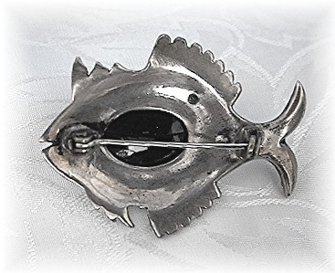 Sterling  Silver Crystal Black Onyx Fish Pin