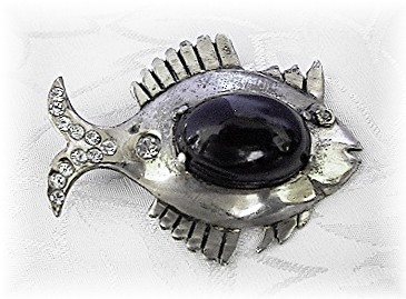Sterling  Silver Crystal Black Onyx Fish Pin