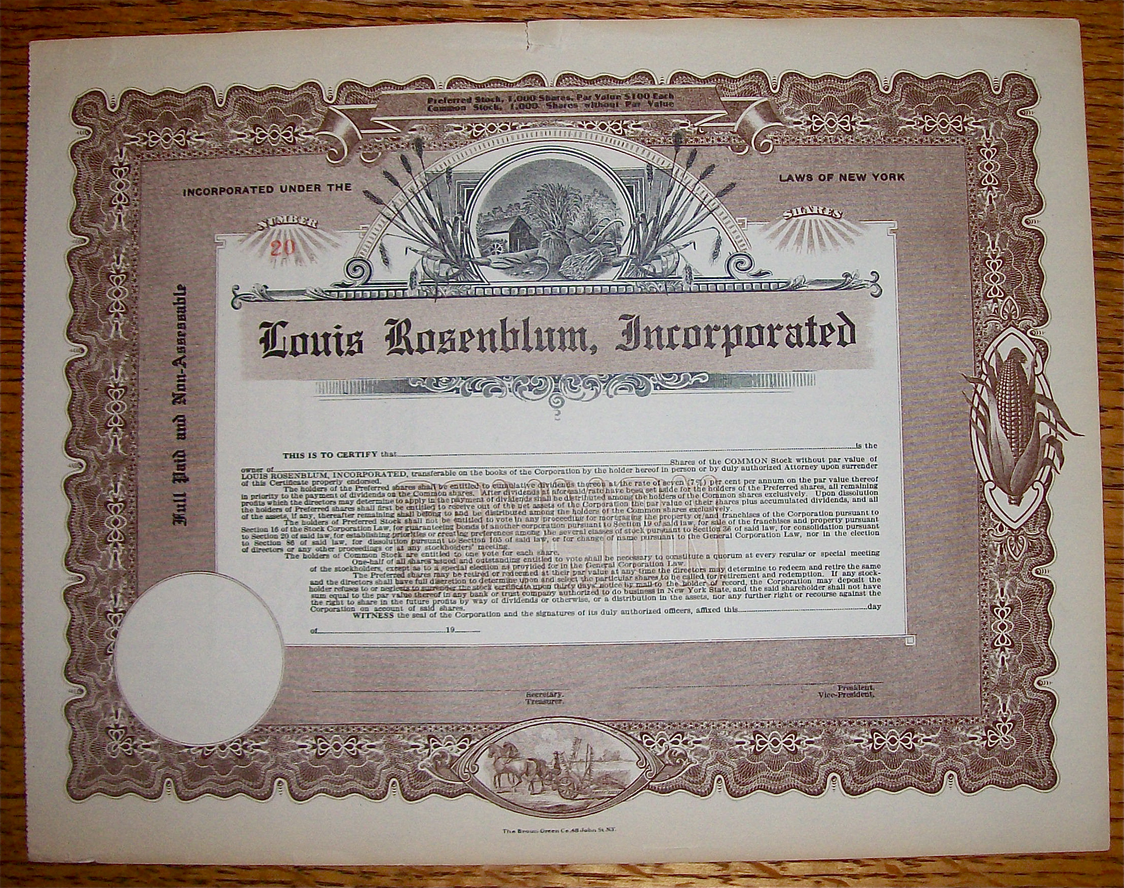 1910's Louis Rosenblum Inc. Stock Certificate
