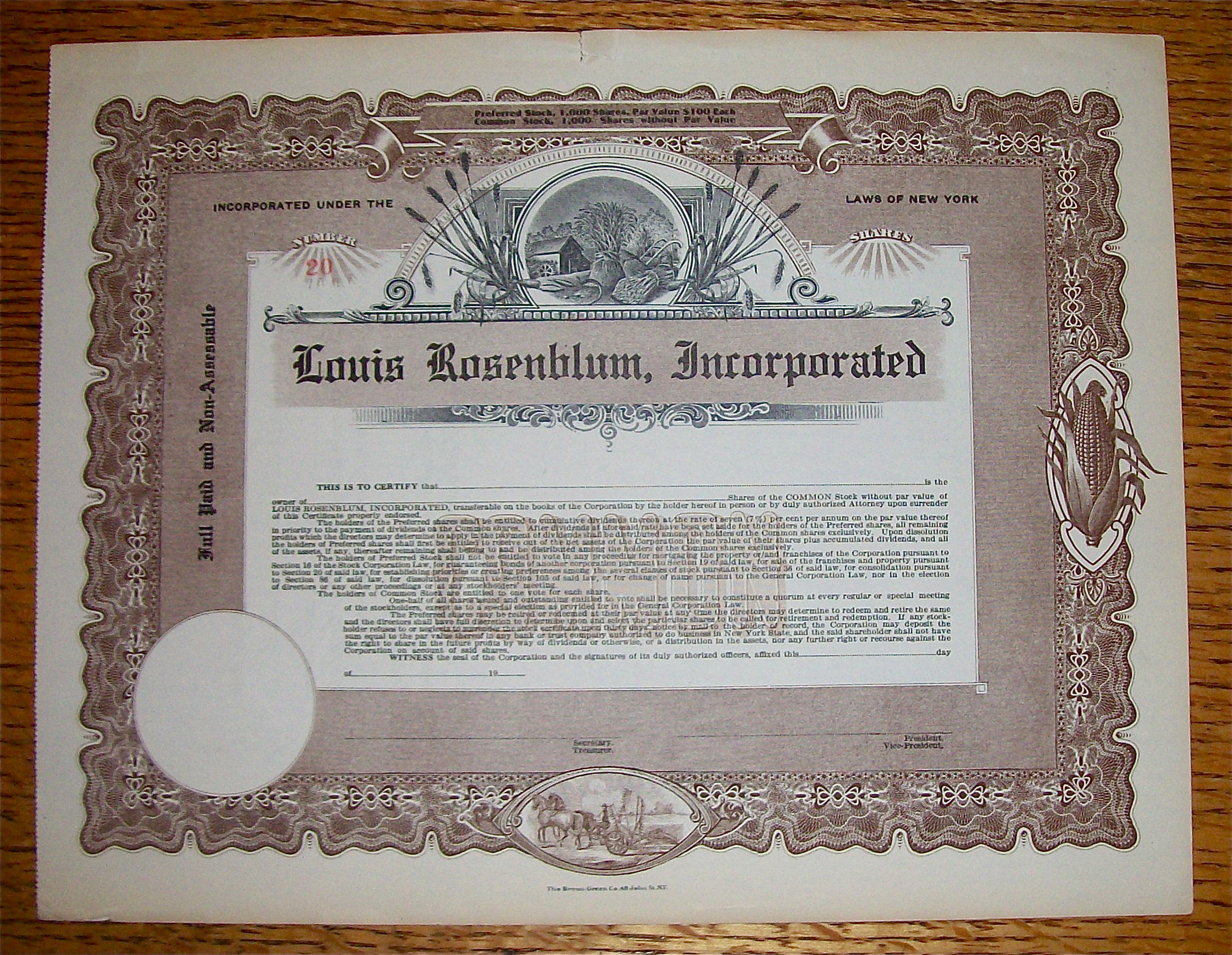 1910's Louis Rosenblum Inc. Stock Certificate