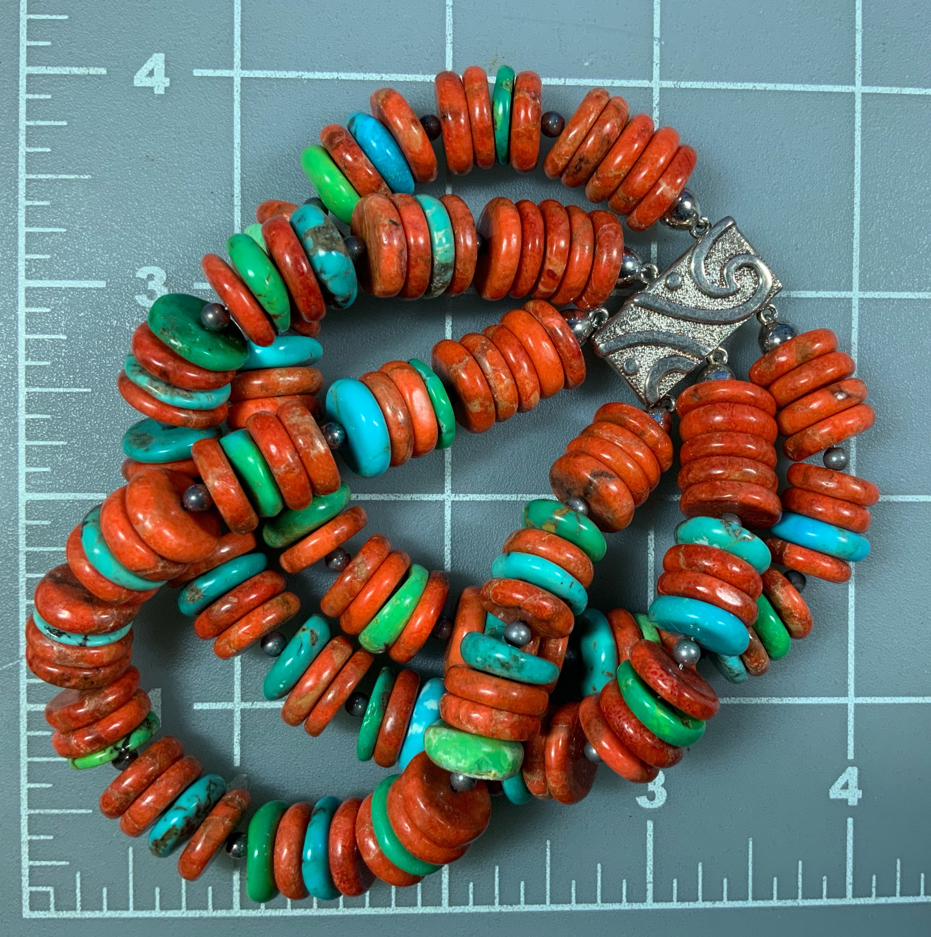 Coral Blue and Green Turquoise Sterling Silver Bracelet