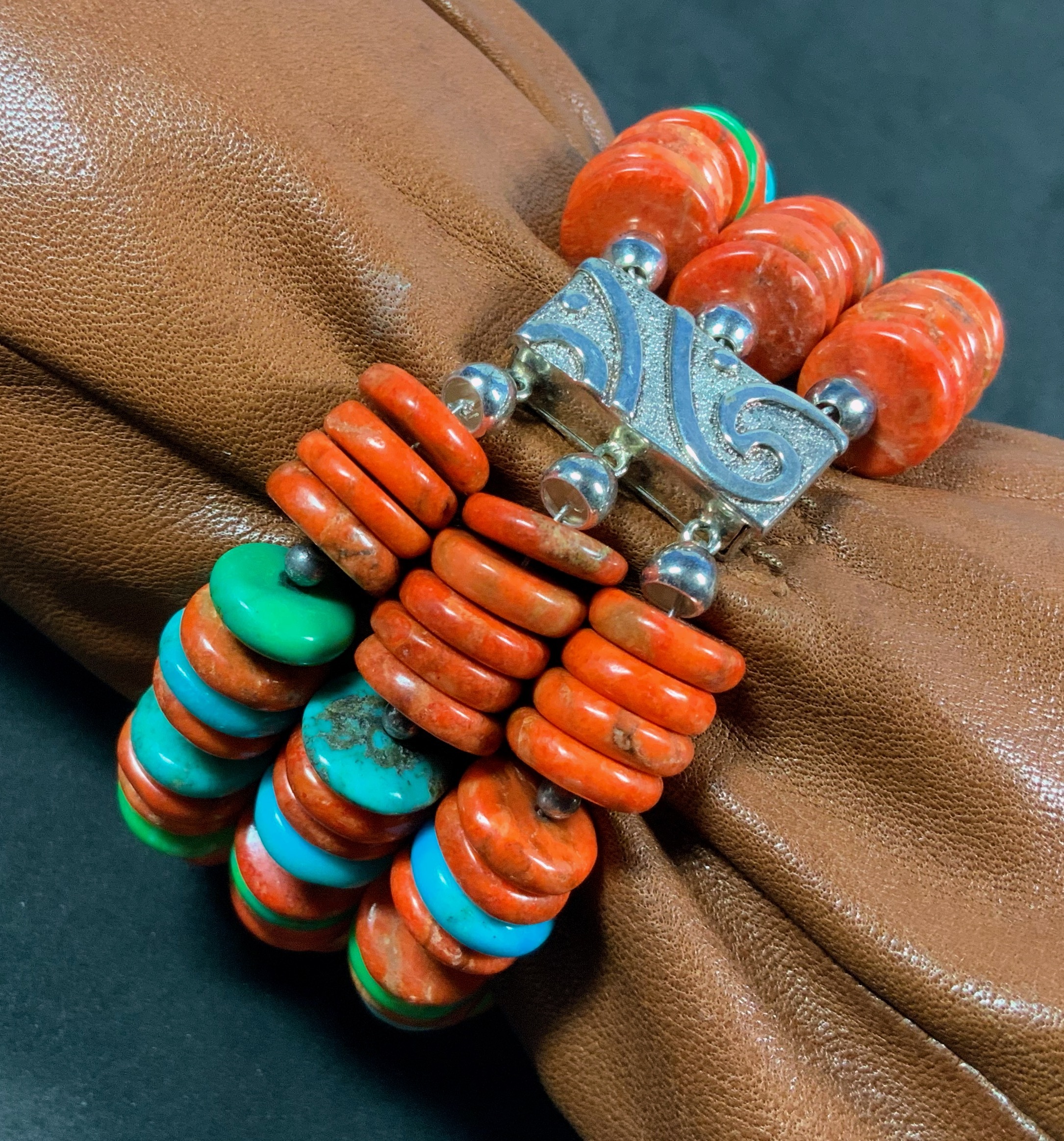 Coral Blue and Green Turquoise Sterling Silver Bracelet