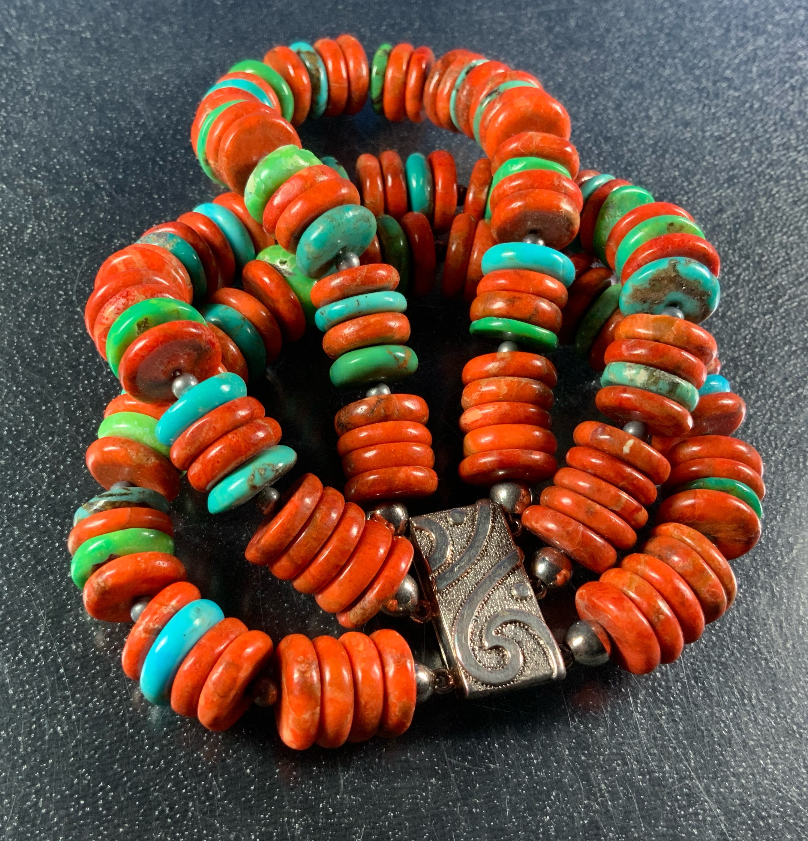 Coral Blue and Green Turquoise Sterling Silver Bracelet
