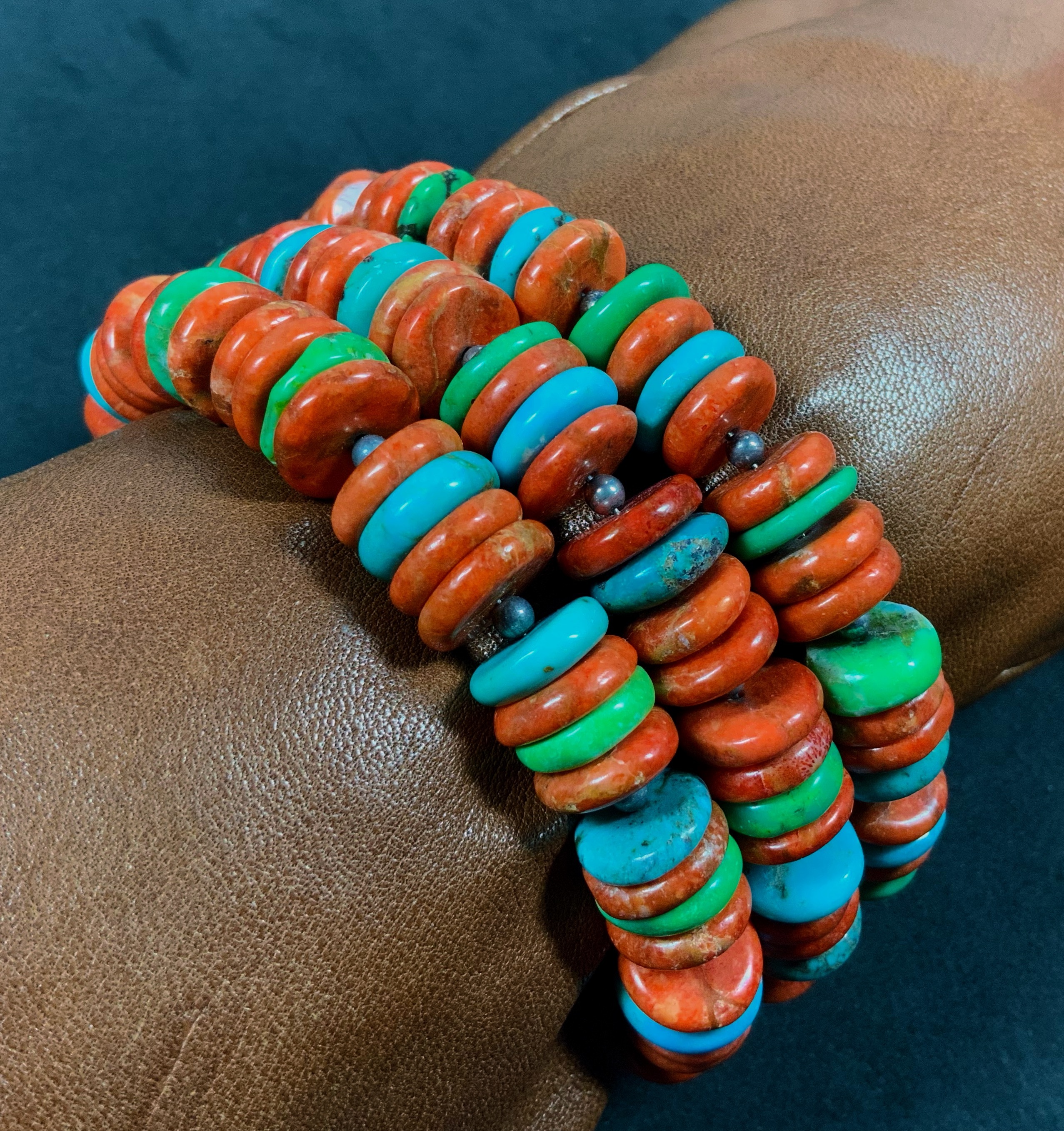 Coral Blue and Green Turquoise Sterling Silver Bracelet