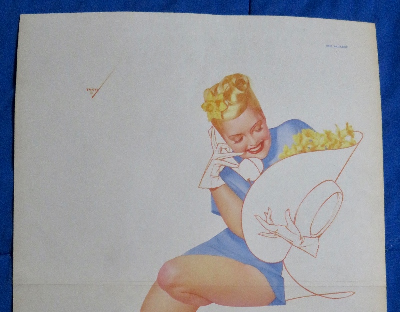Original 1946 Sexy Pin Up Girl Talking On Telephone While Holding Hat With Flowers In It By George Petty