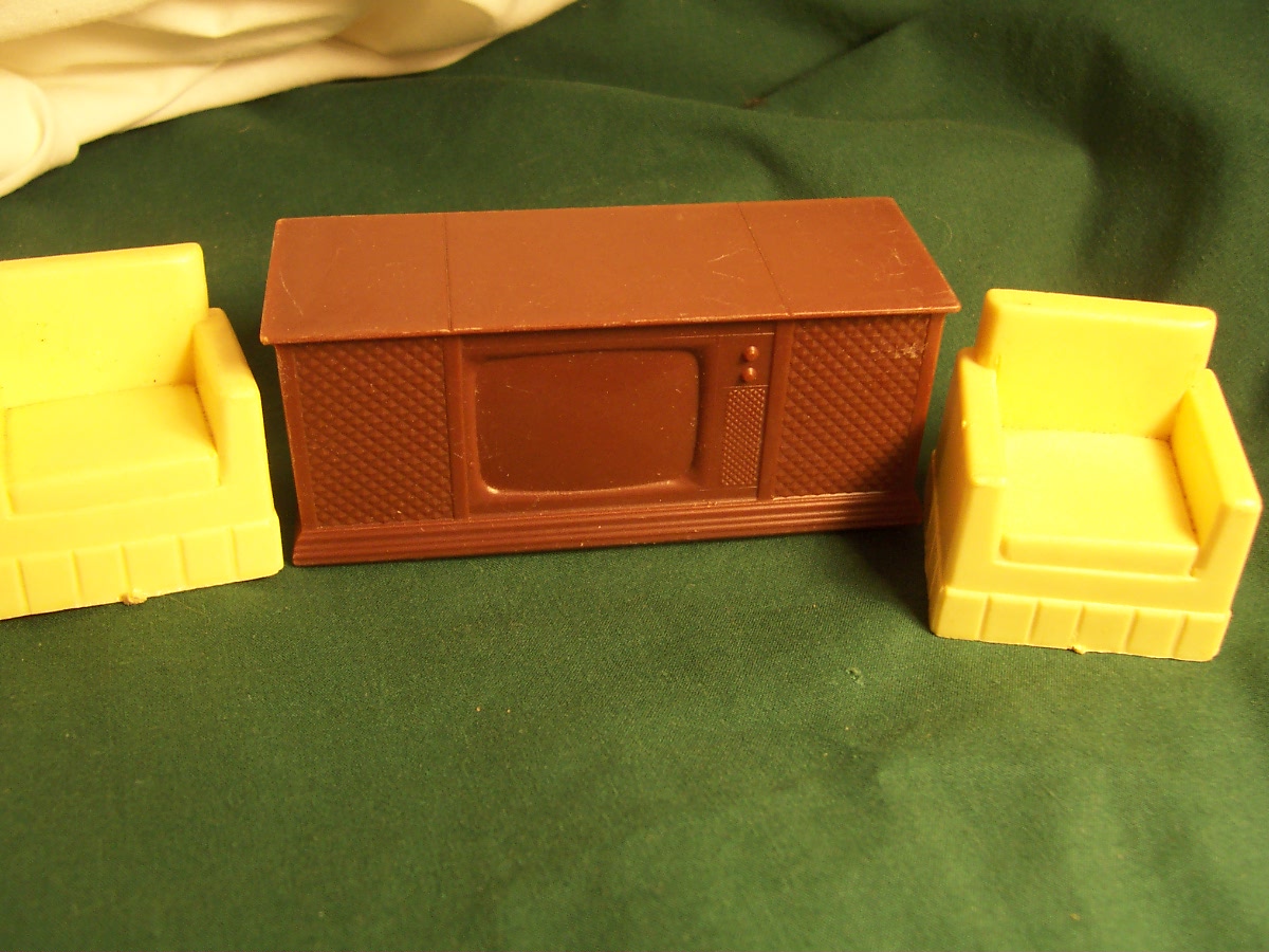 Dollhouse Console TV and Living Room Chairs