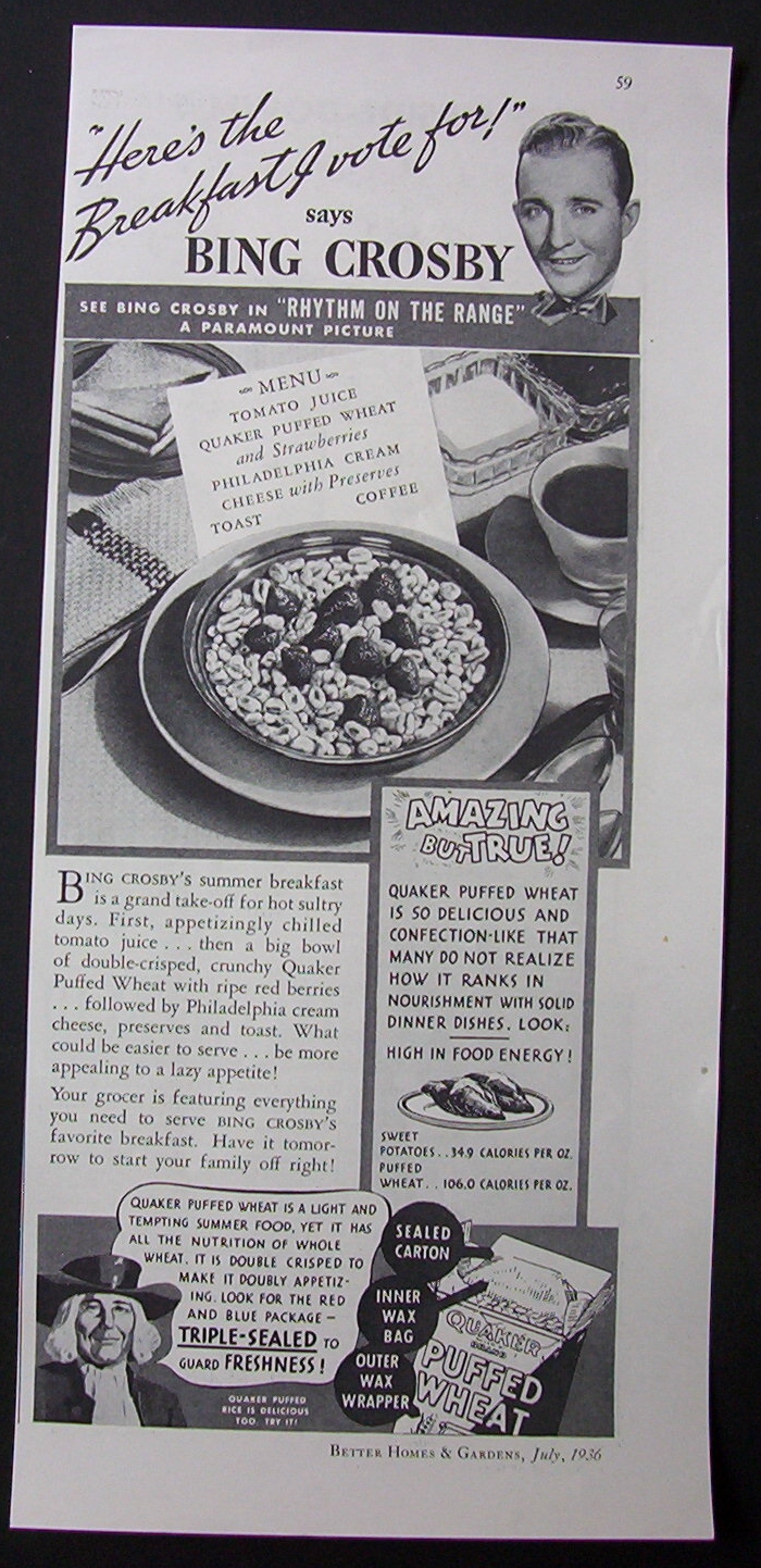 1936 Quaker Puffed Wheat with Bing Crosby
