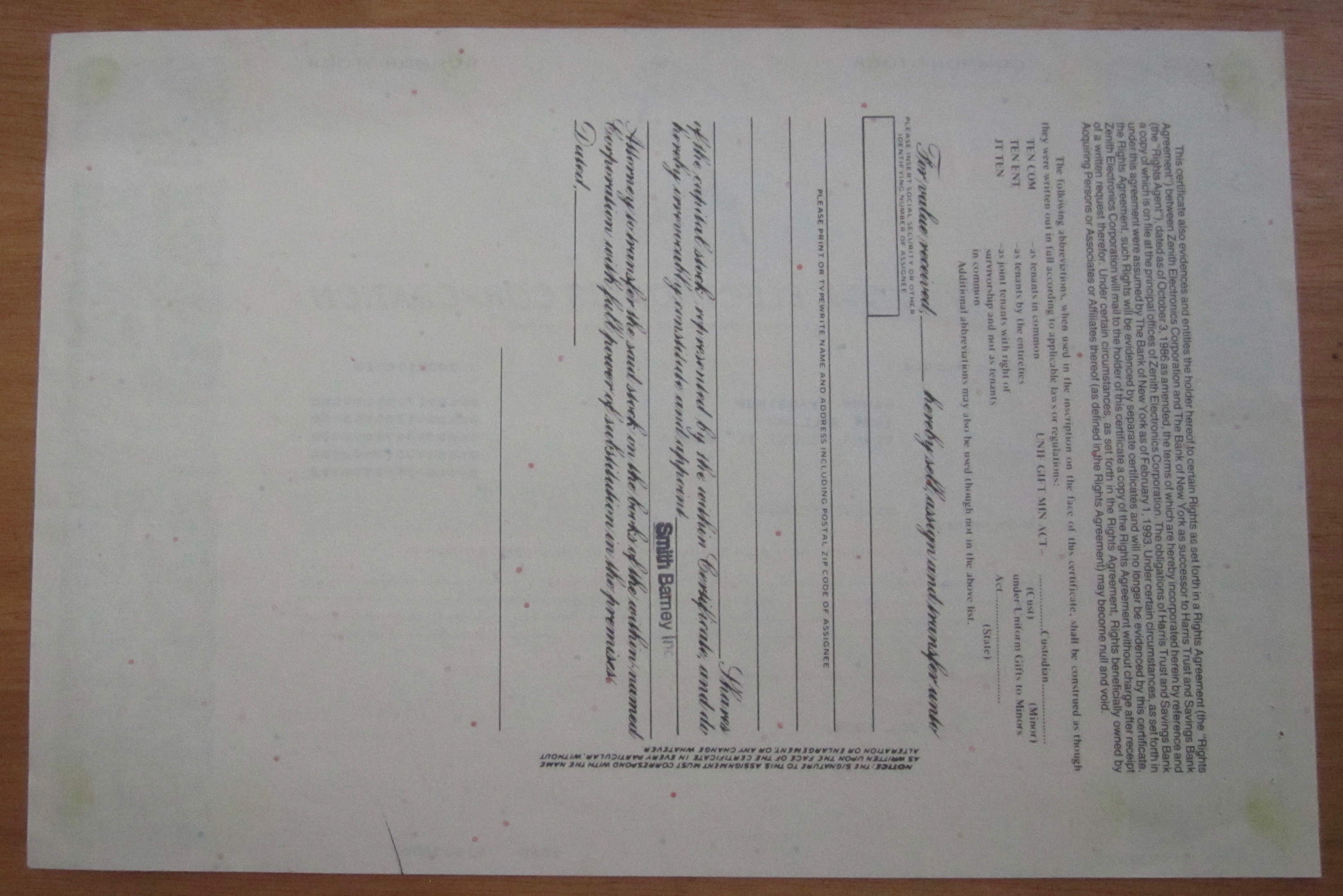 1996 Zenith Electronics Corp Stock Certificate