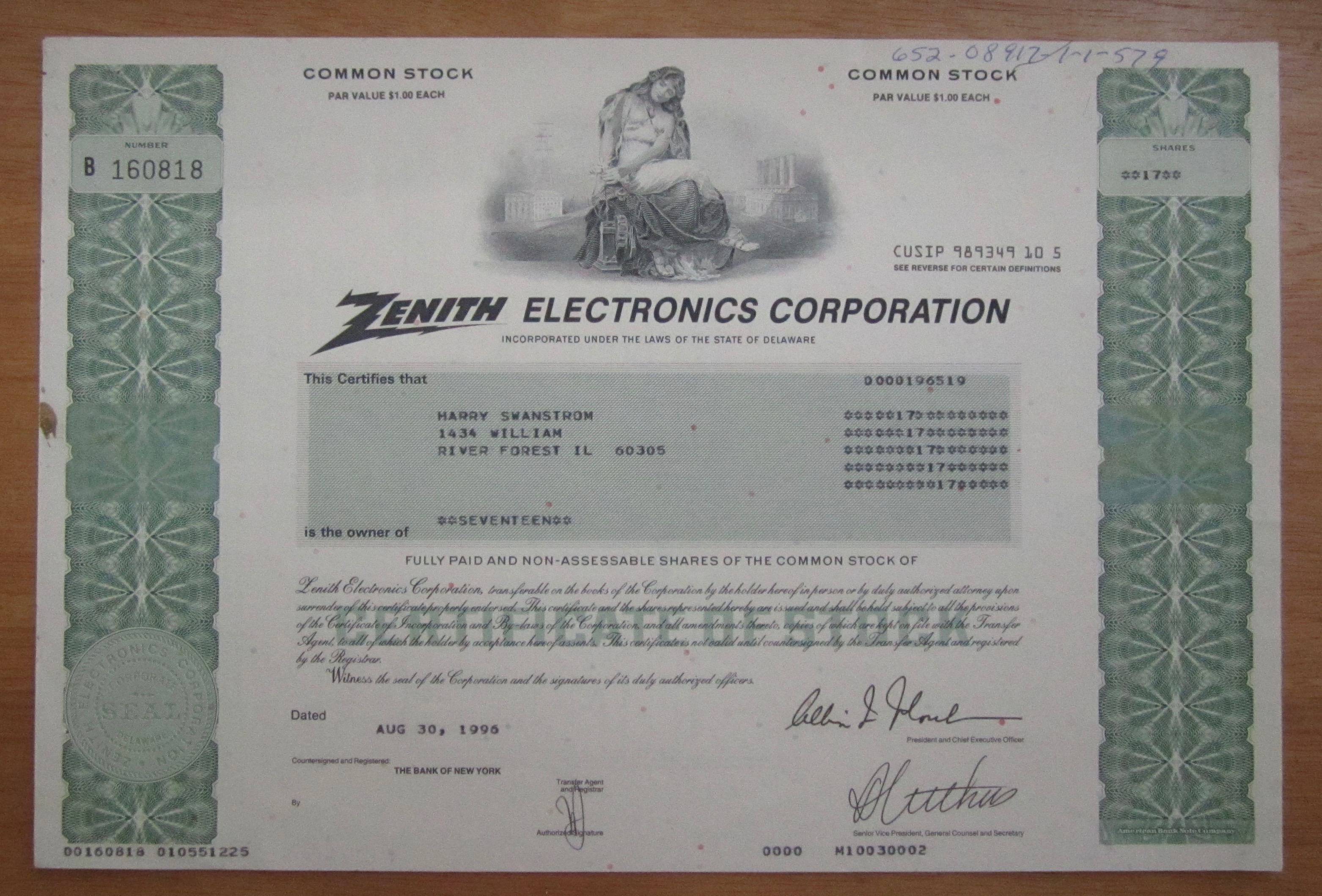 1996 Zenith Electronics Corp Stock Certificate