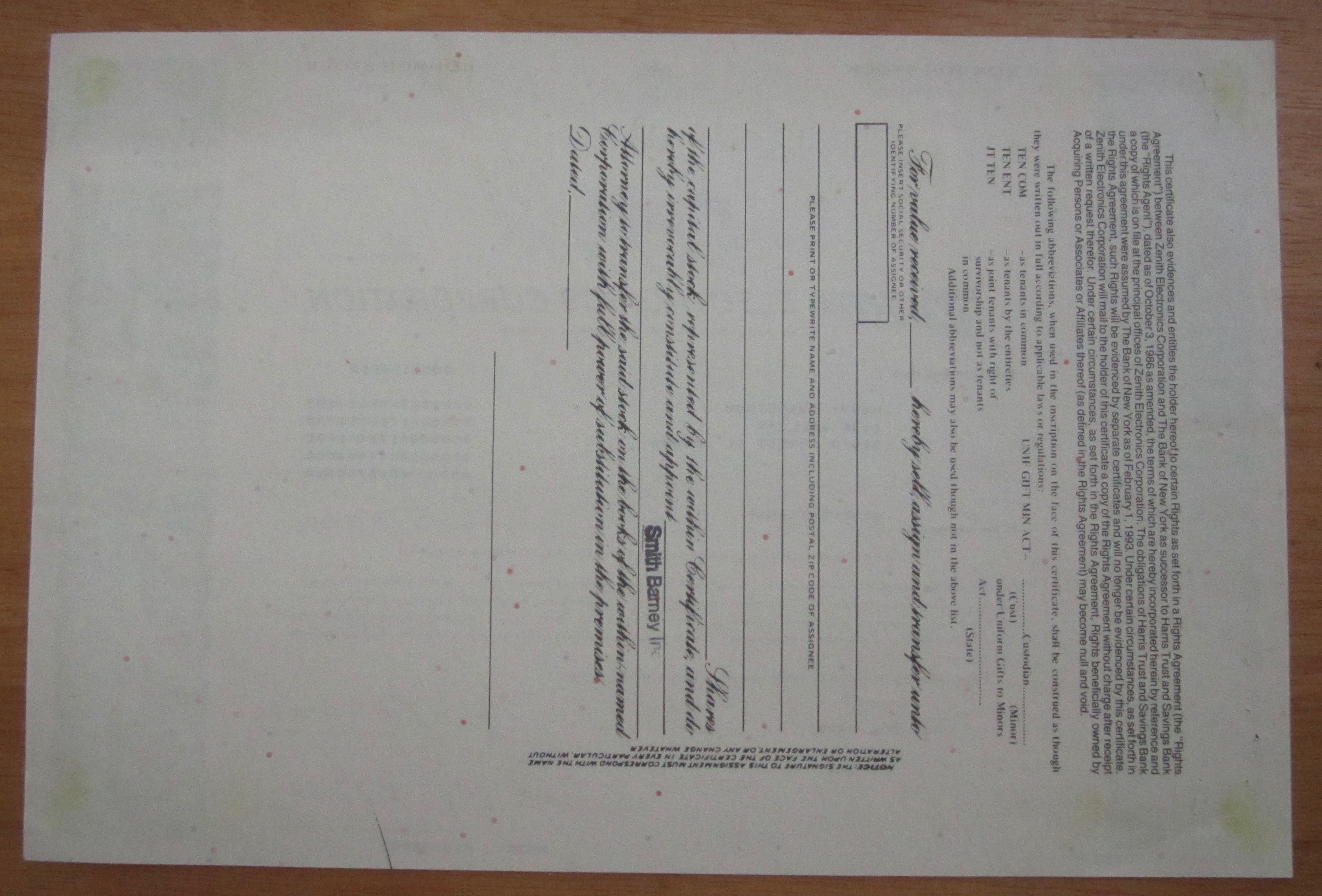 1996 Zenith Electronics Corp Stock Certificate