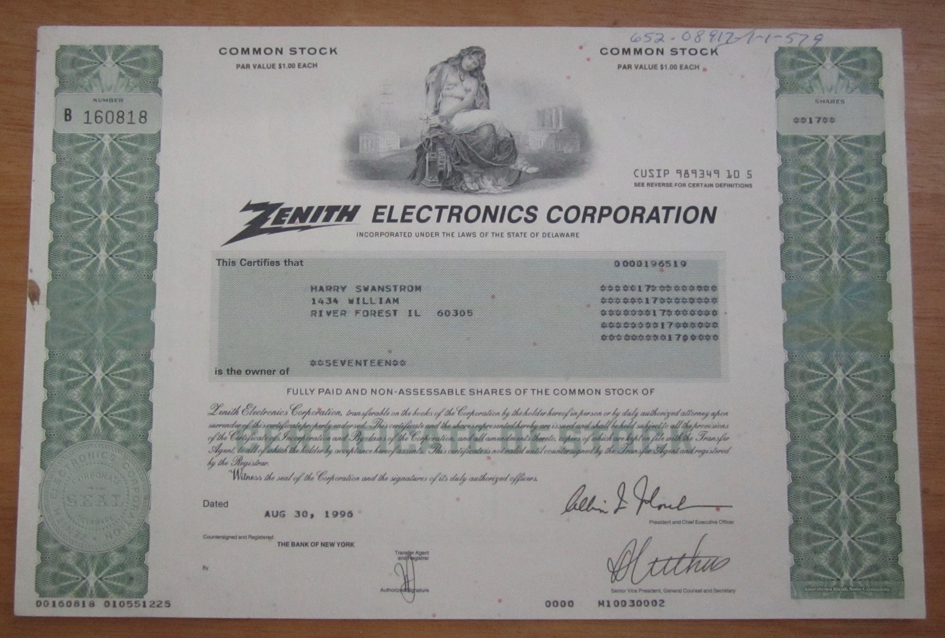 1996 Zenith Electronics Corp Stock Certificate
