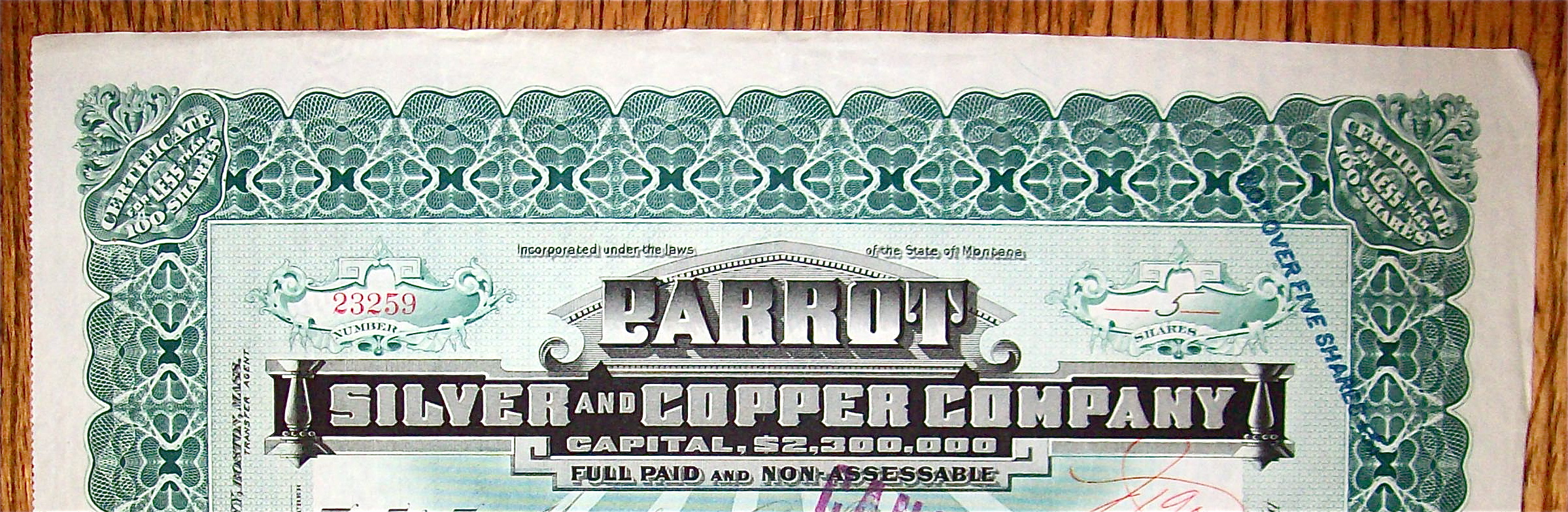 1908 Parrots Silver & Copper Company Stock Certificate