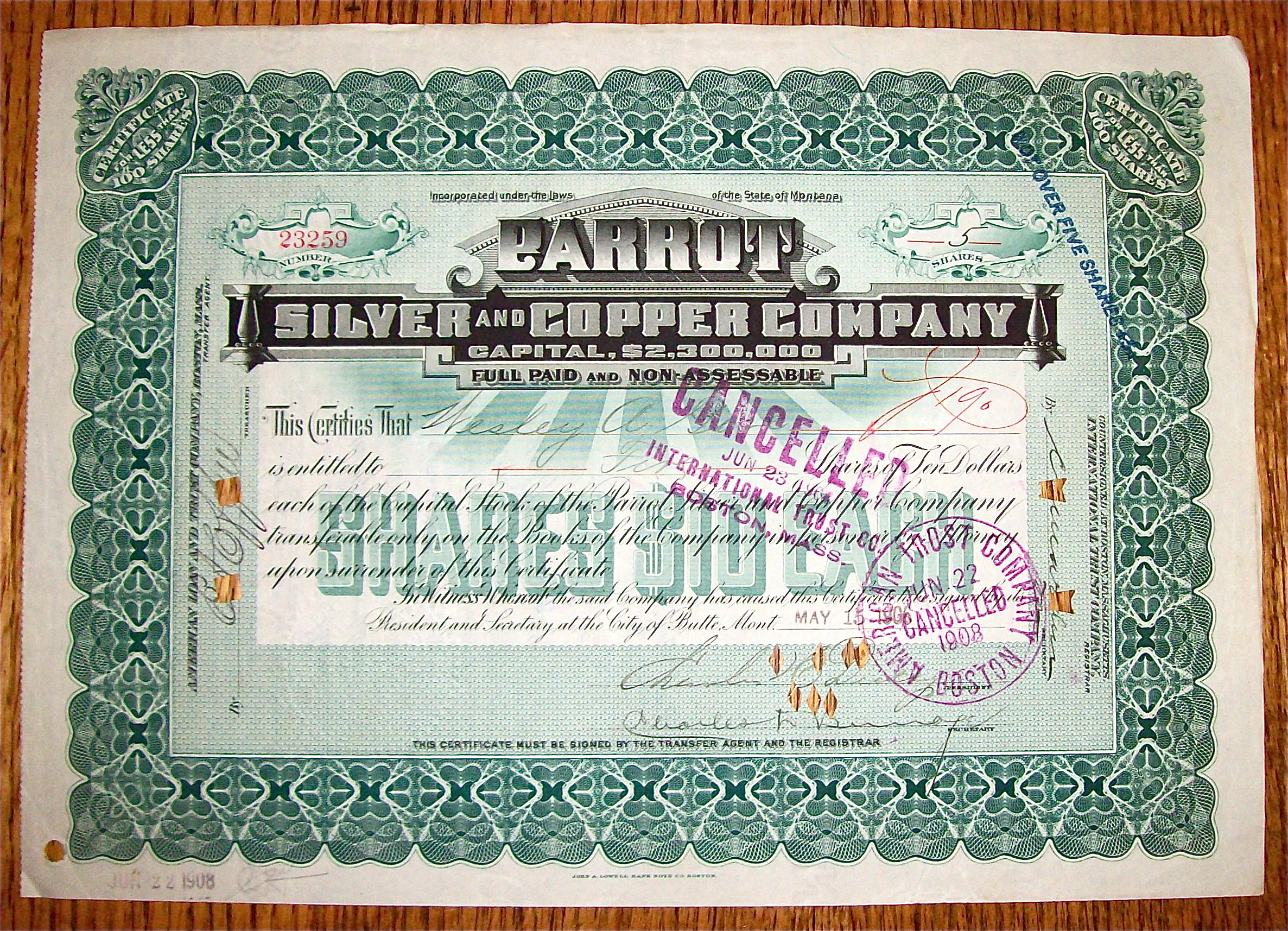 1908 Parrots Silver & Copper Company Stock Certificate