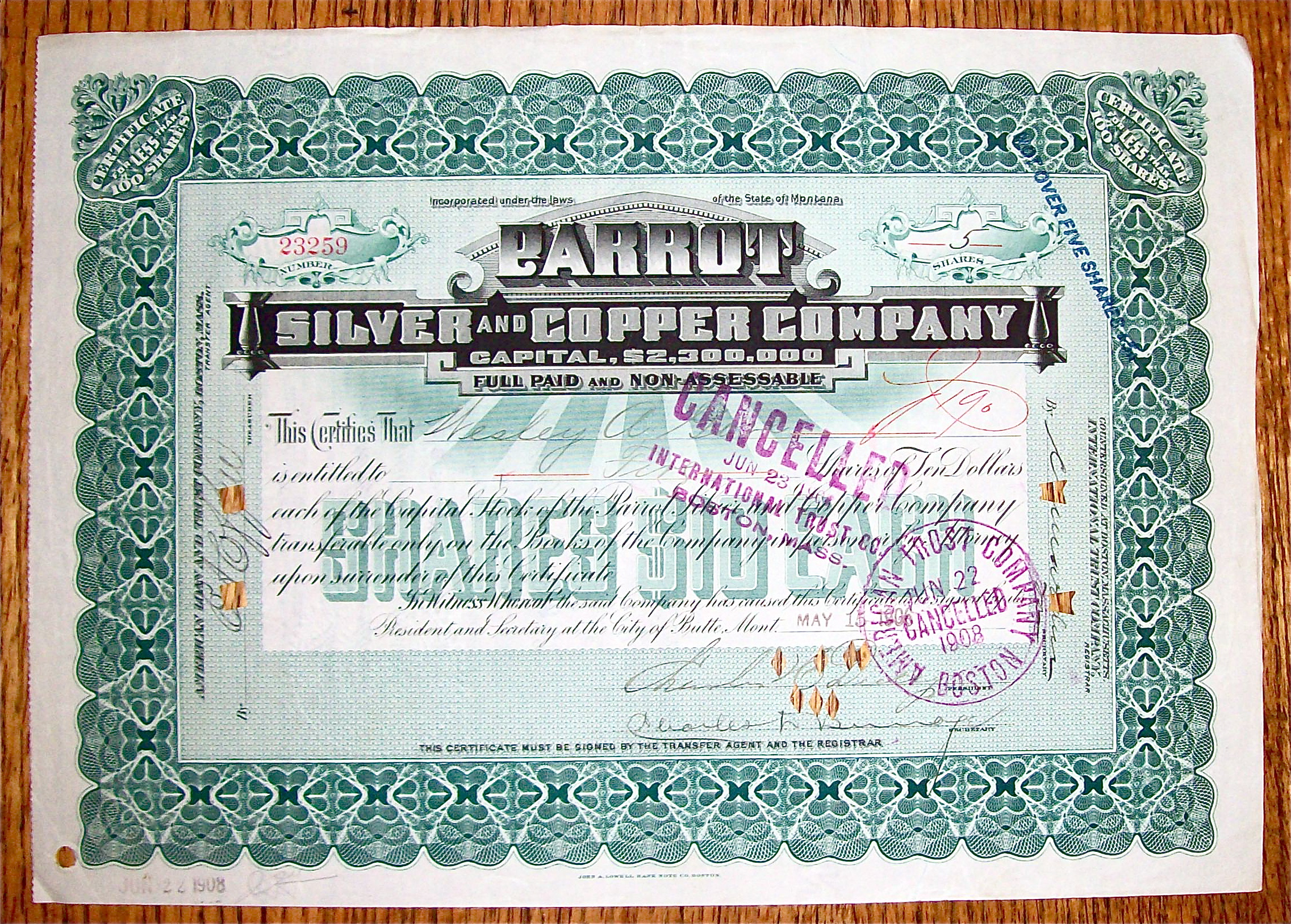1908 Parrots Silver & Copper Company Stock Certificate