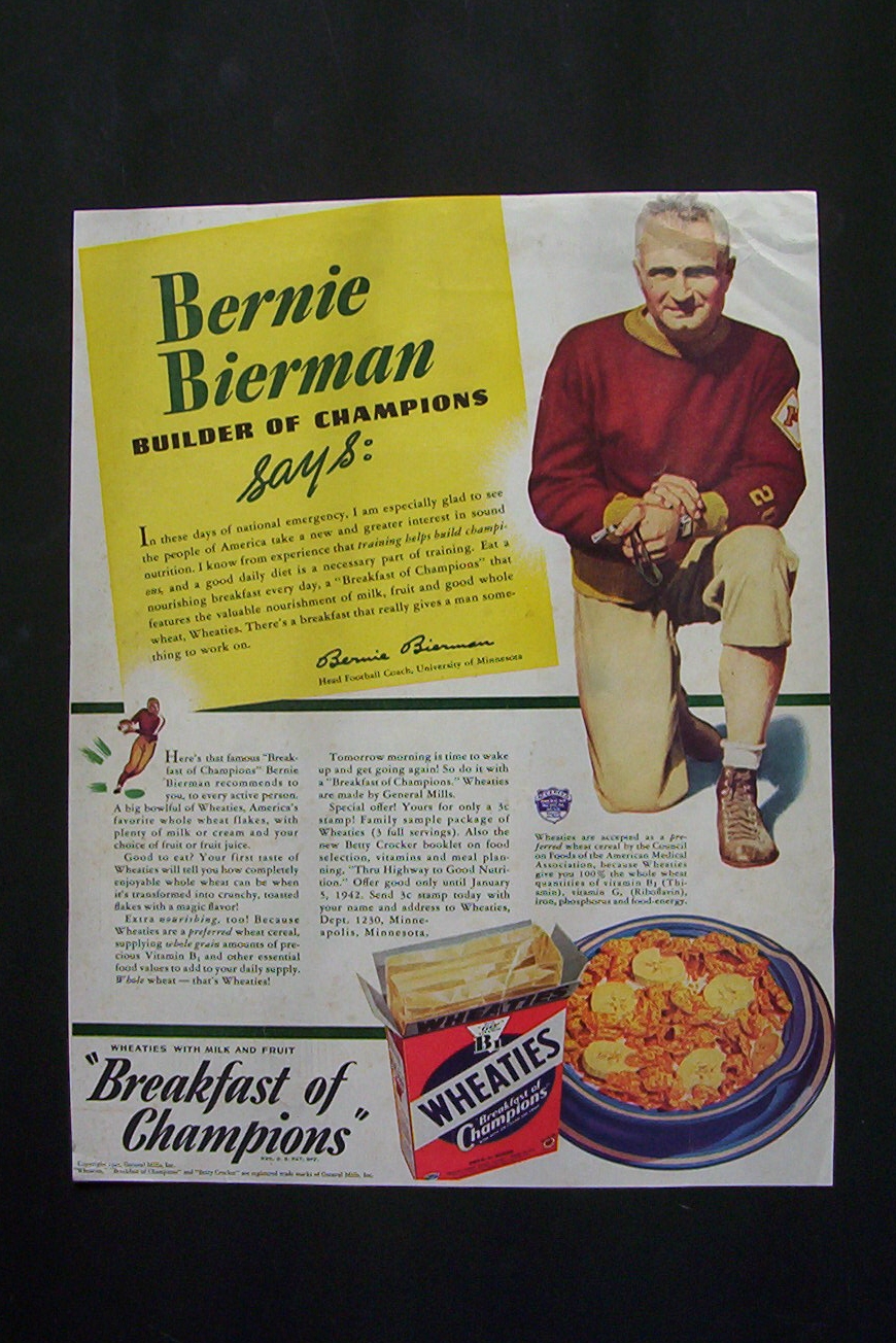 1941 Wheaties Cereal w/ Bernie Bierman (Football Coach)
