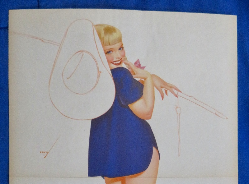 Original 1946 Sexy Pin Up Girl Wearing A Blue Shirt With A Cowboy Hat & Wearing Boots By George Petty
