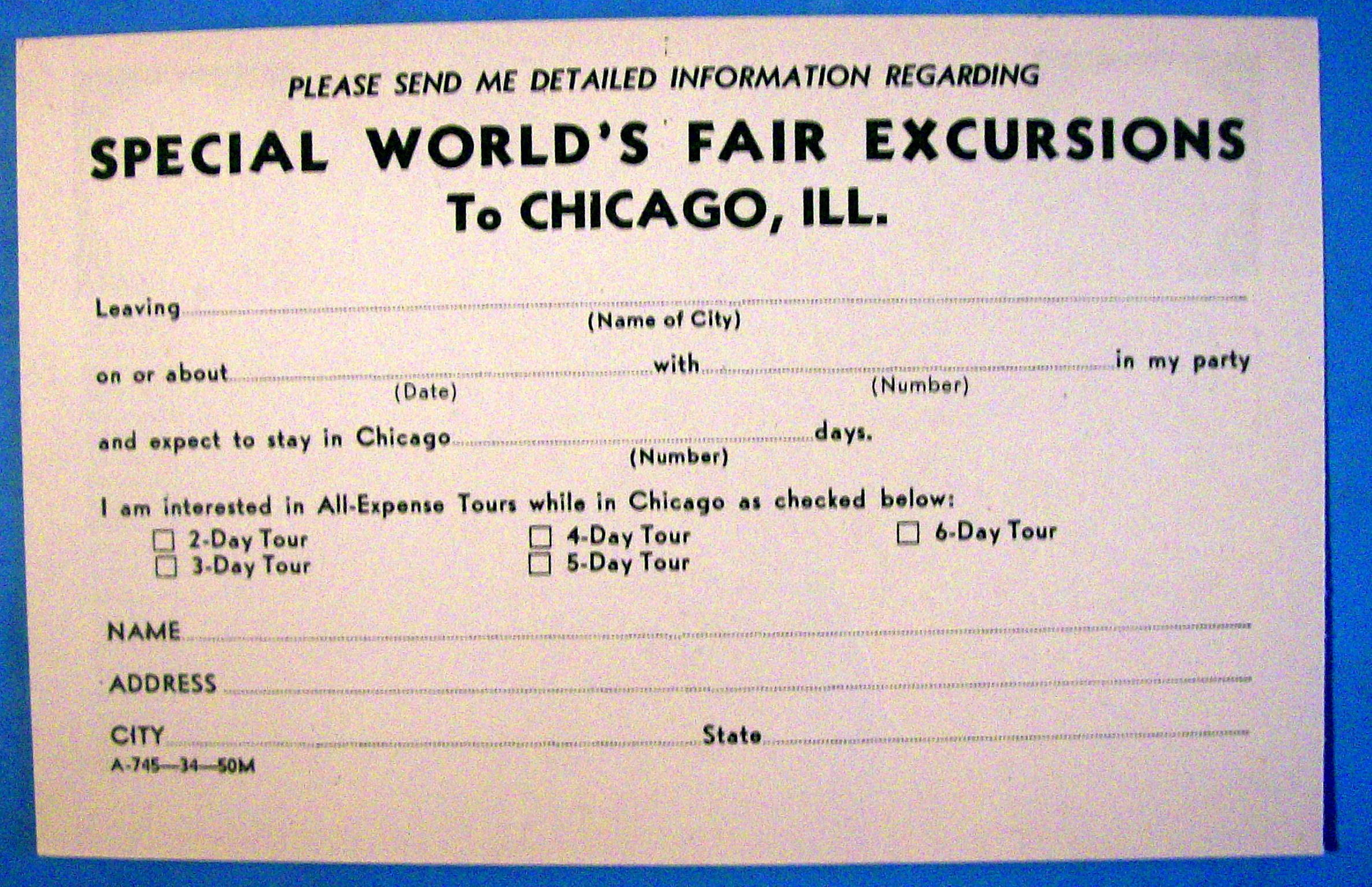 1933 Century of Progress, Business Reply Card