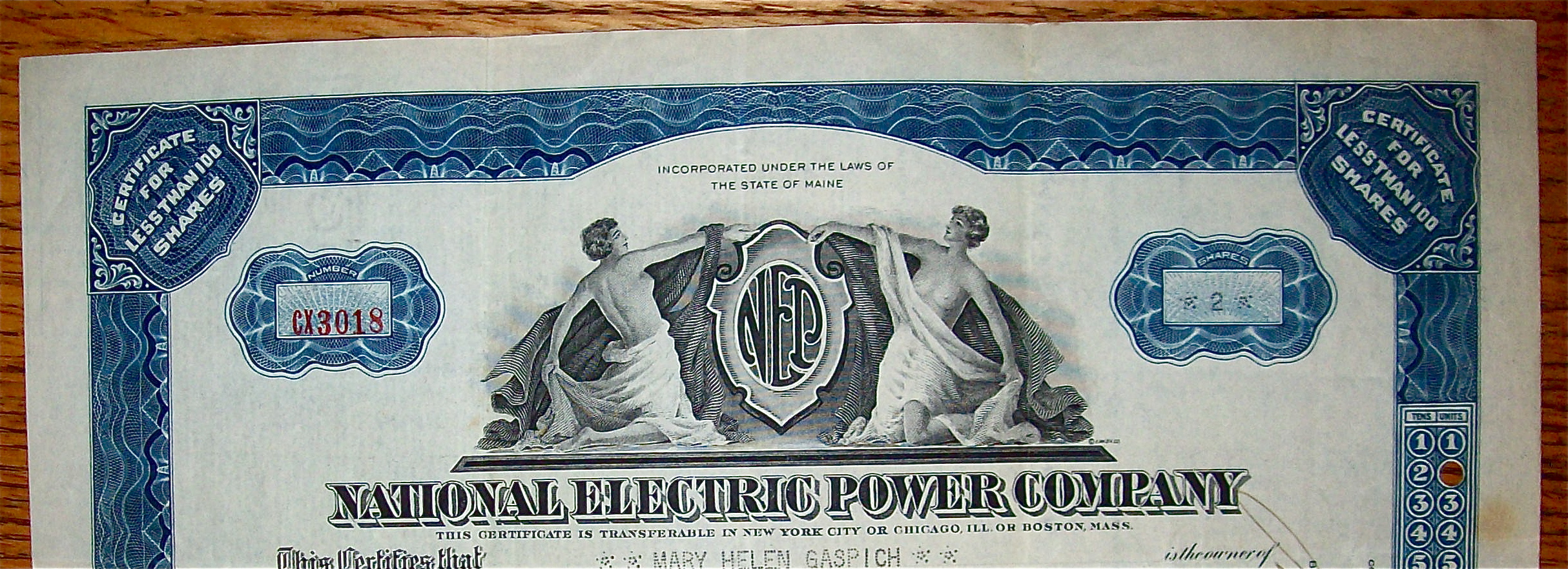 1928 National Electric Power Company Stock Certificate