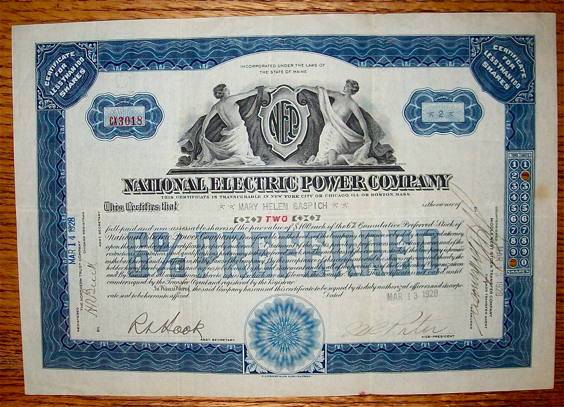 1928 National Electric Power Company Stock Certificate