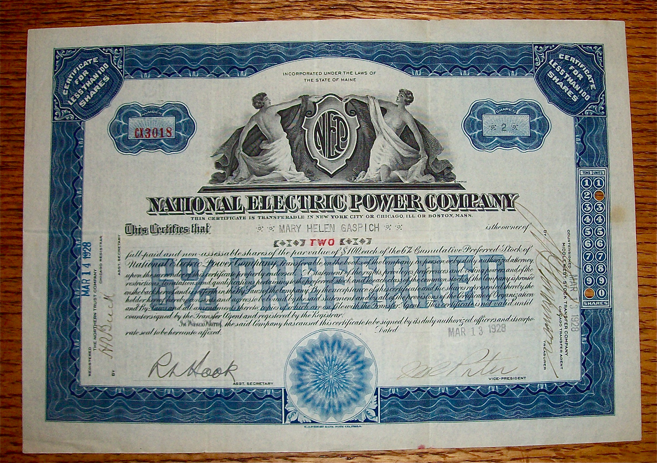 1928 National Electric Power Company Stock Certificate