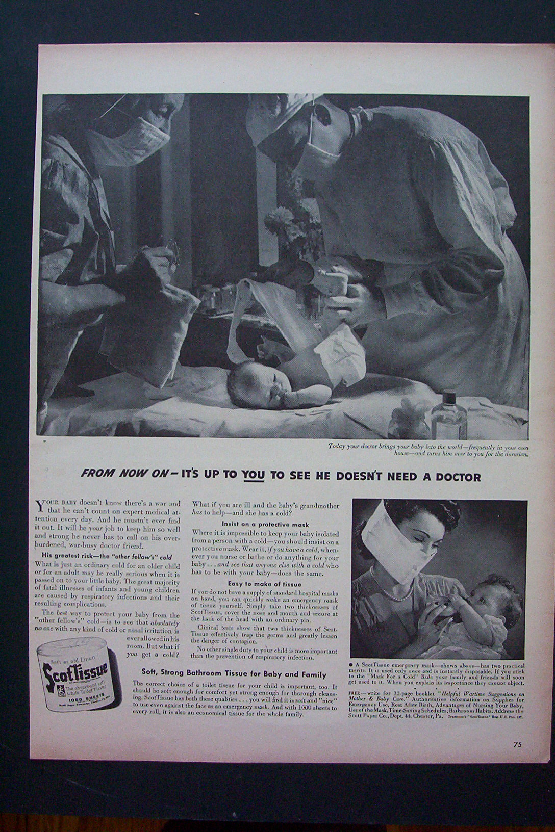 1943 Scot Tissue with Doctor Changing Baby's Diaper