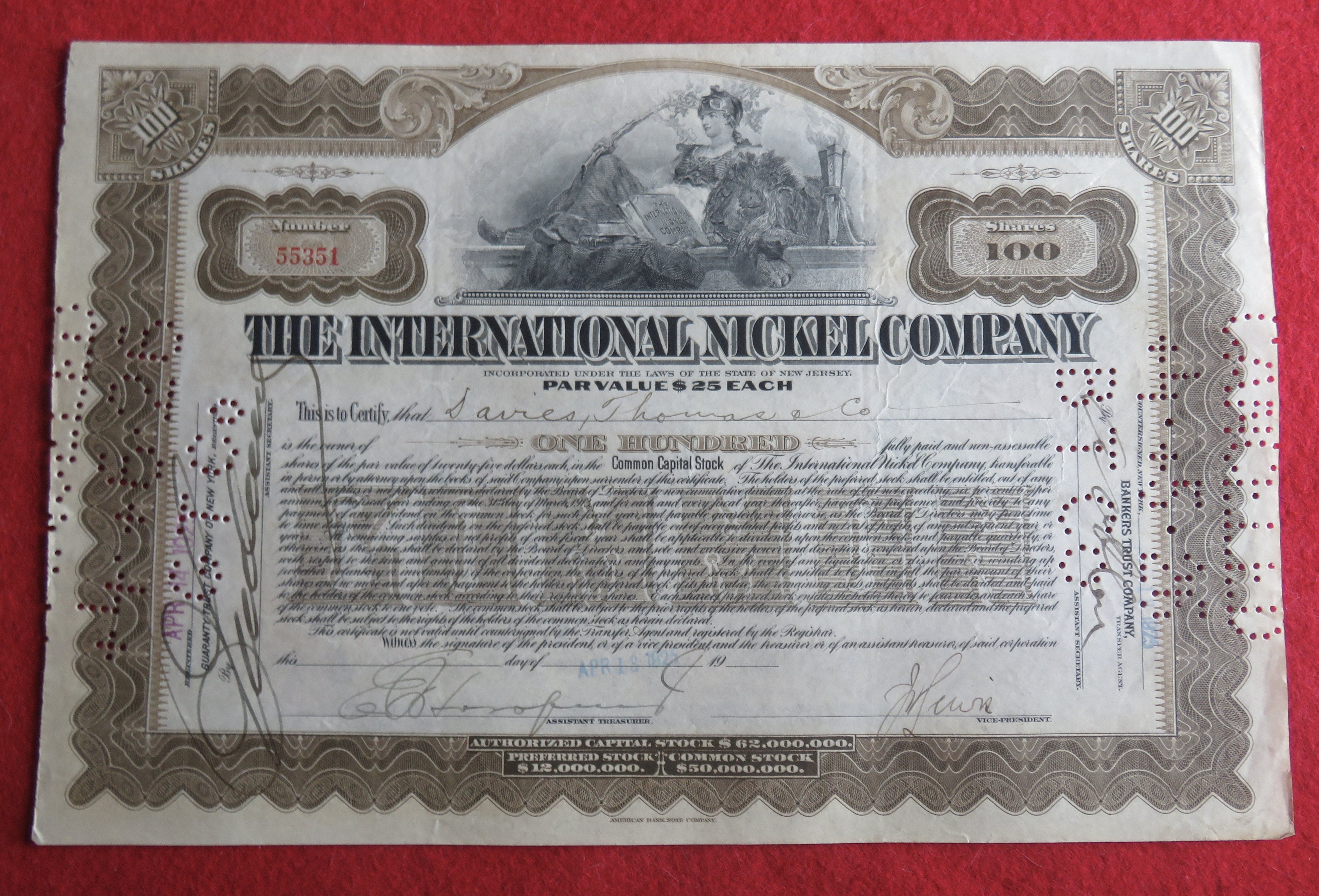 1925 The International Nickel Company Stock Certificate