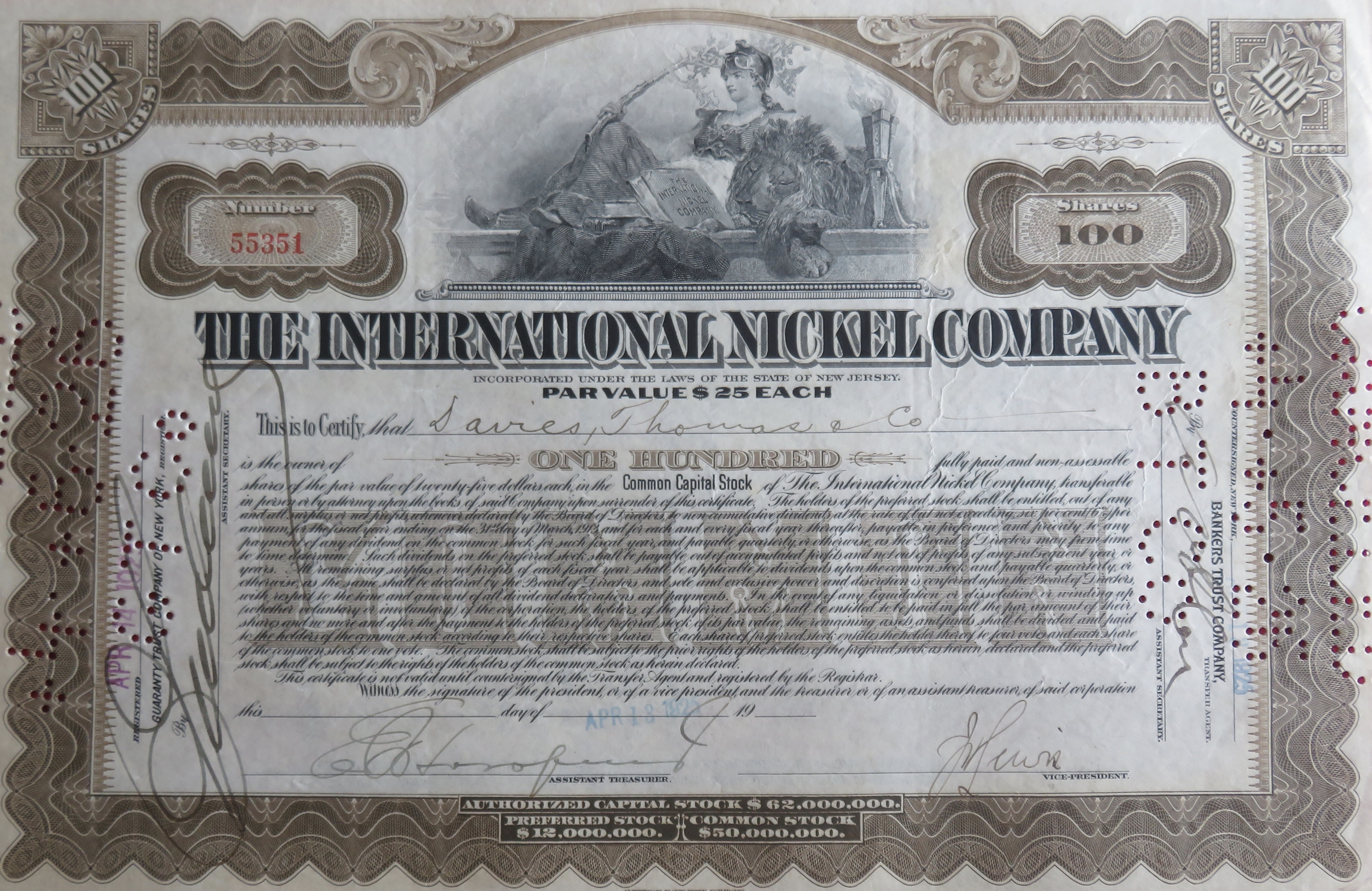 1925 The International Nickel Company Stock Certificate