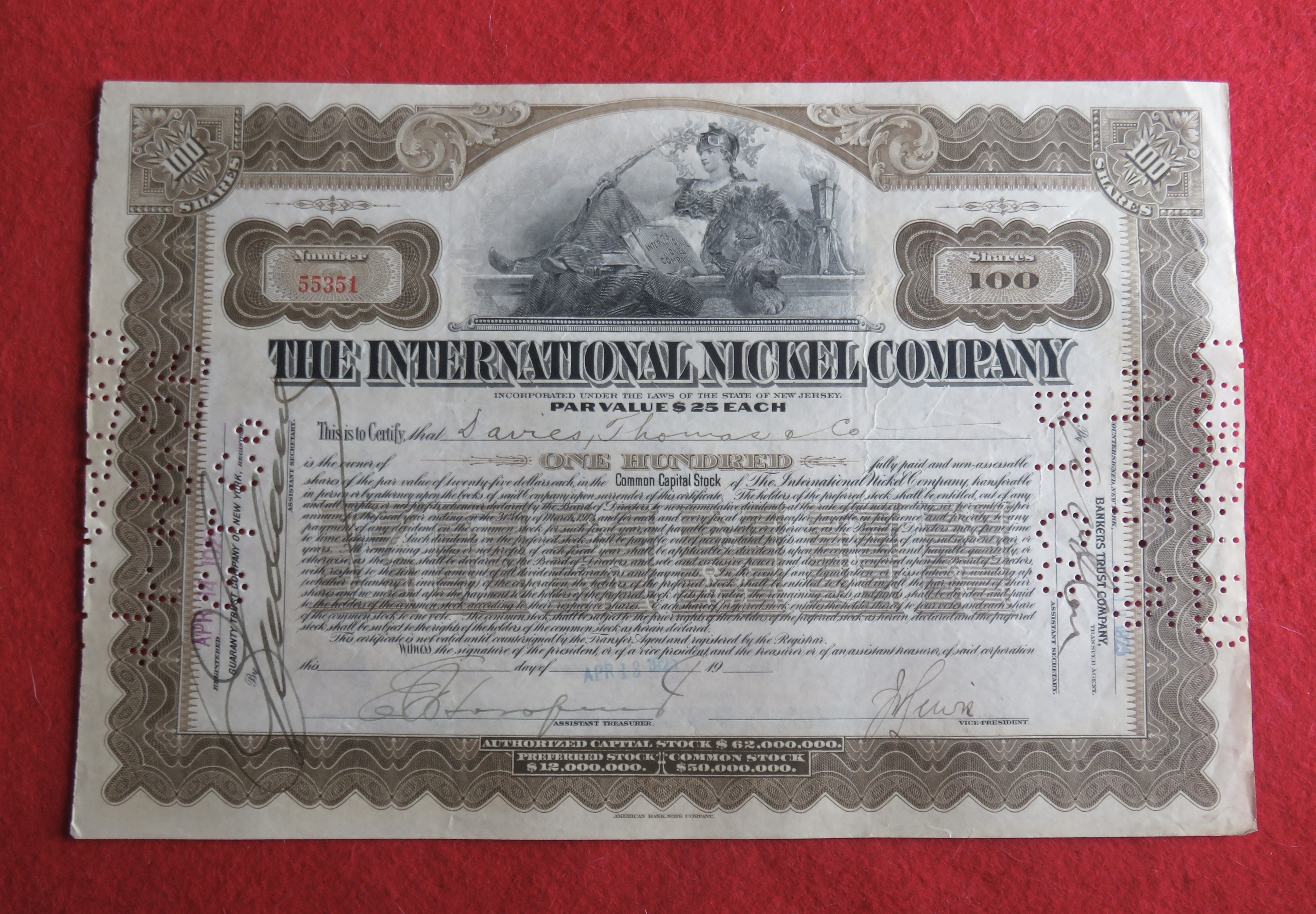1925 The International Nickel Company Stock Certificate