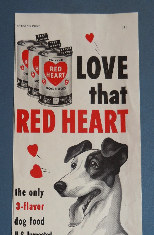 1952 Red Heart Dog Food with Dog with Paws Up & Smiling