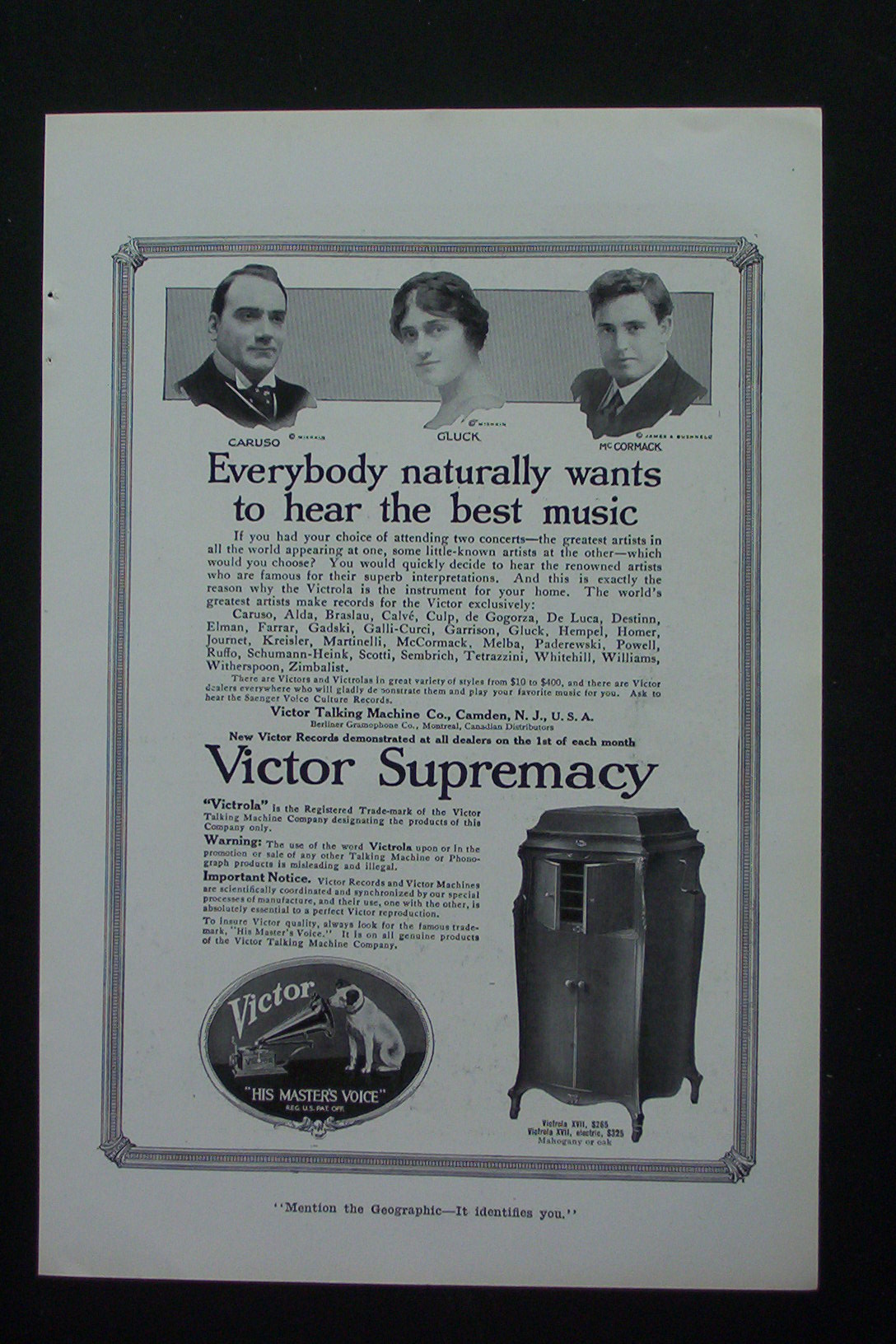 1917 Victor Supremacy with Caruso, Gluck & McCormack