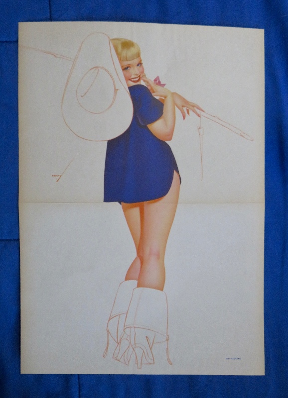 Original 1946 Sexy Pin Up Girl Wearing A Blue Shirt With A Cowboy Hat & Wearing Boots By George Petty
