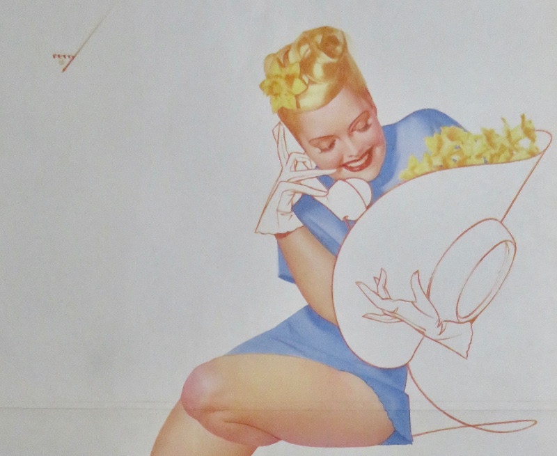 Original 1946 Sexy Pin Up Girl Talking On Telephone While Holding Hat With Flowers In It By George Petty