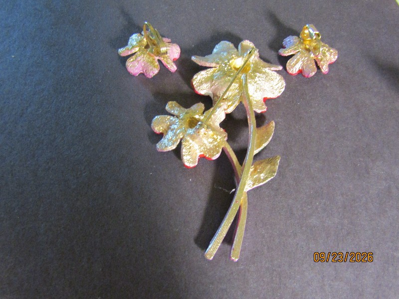 Vintage Hand-Painted Purple Enamel Flower Brooch and Clip-On Earrings Set